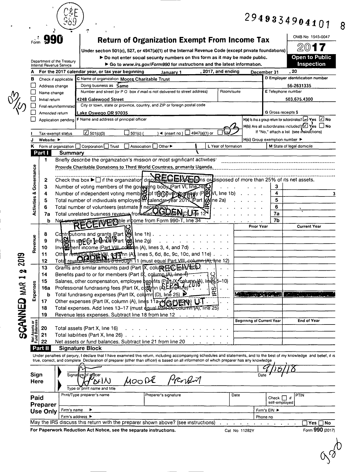 Image of first page of 2017 Form 990 for Moore Charitable Trust