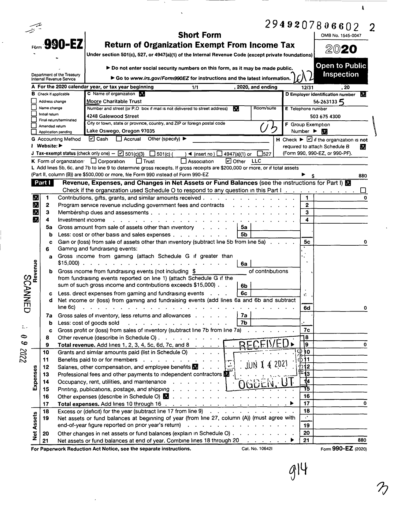 Image of first page of 2020 Form 990EZ for Moore Charitable Trust