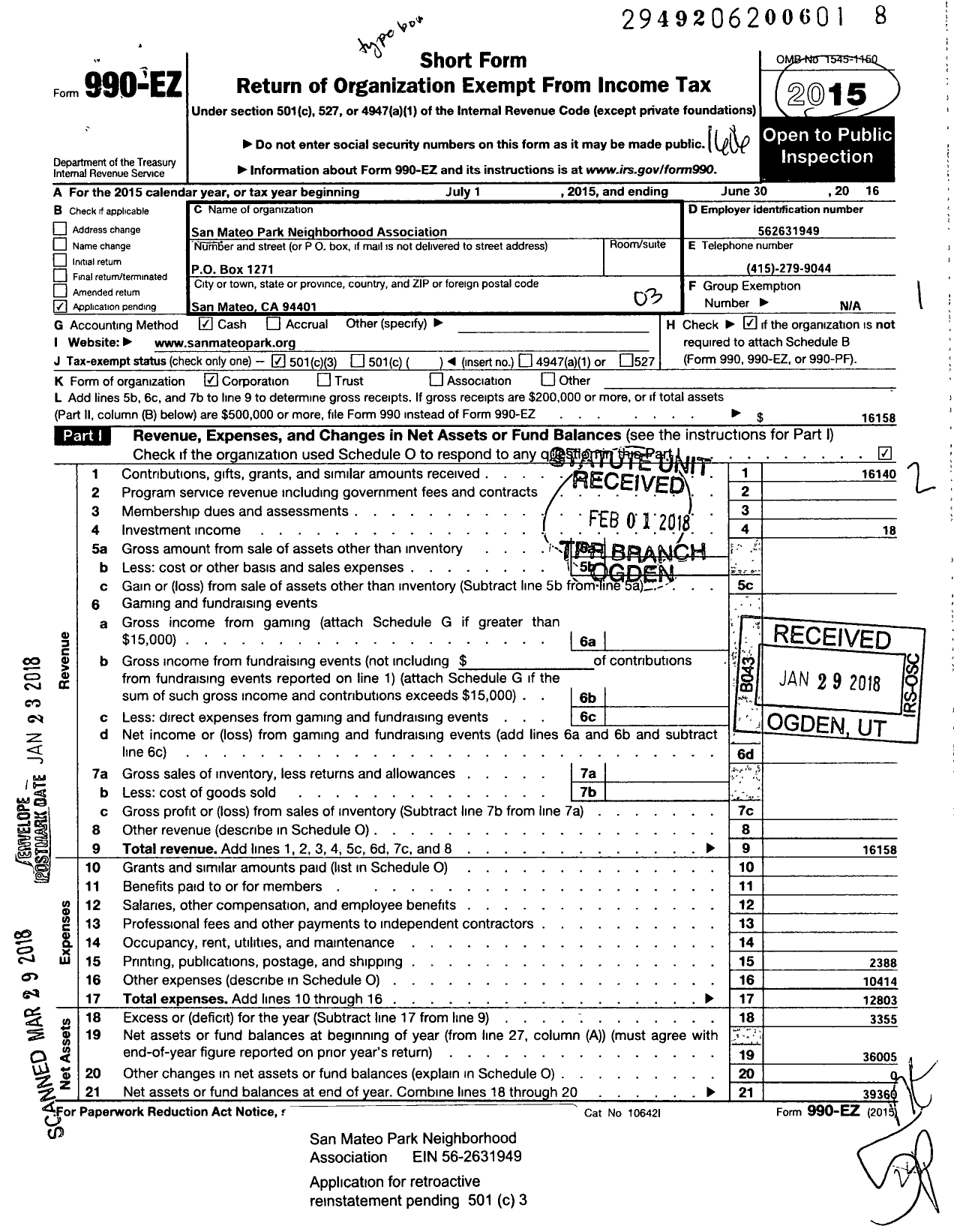 Image of first page of 2015 Form 990EZ for San Mateo Park Neighborhood Association