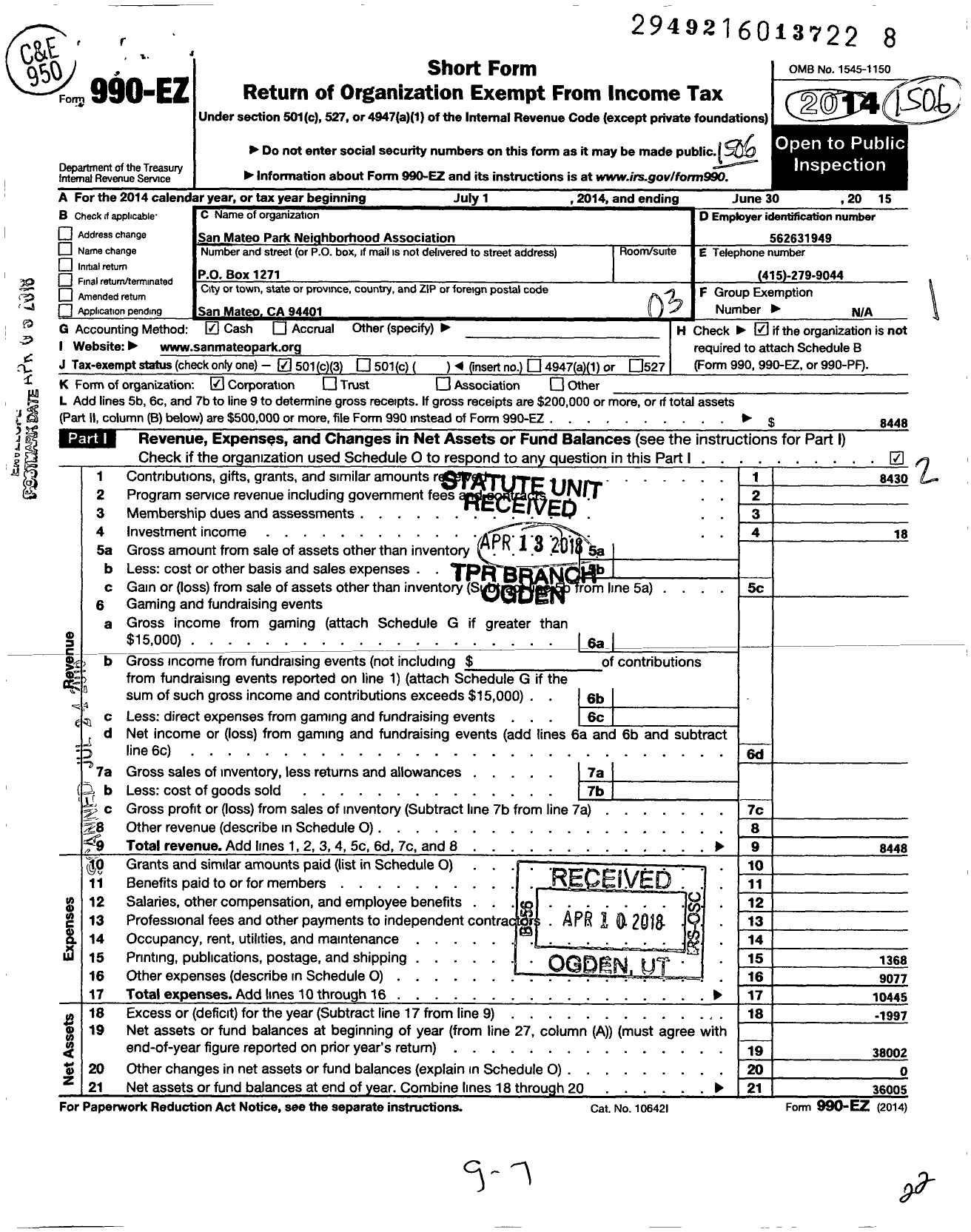 Image of first page of 2014 Form 990EZ for San Mateo Park Neighborhood Association