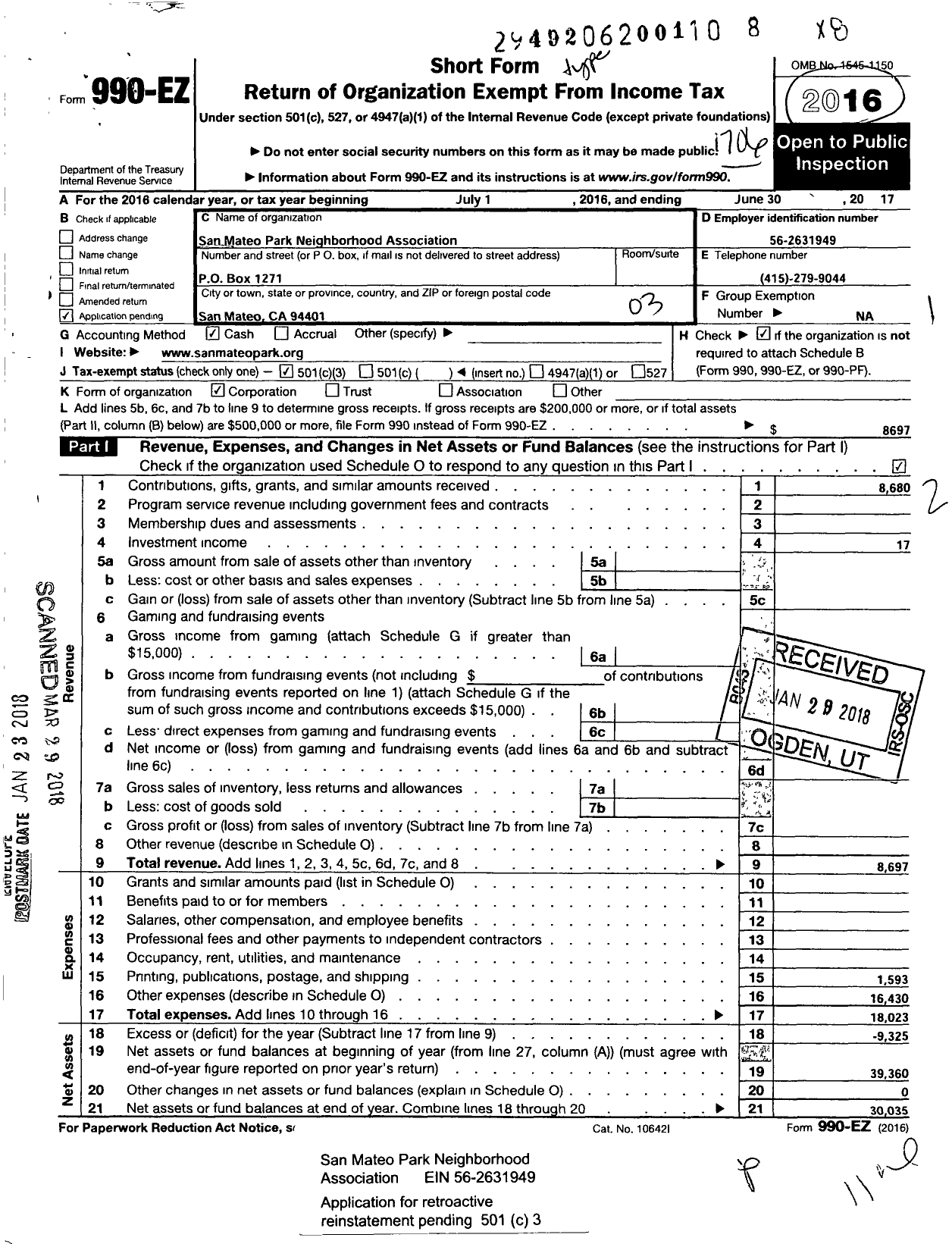 Image of first page of 2016 Form 990EZ for San Mateo Park Neighborhood Association