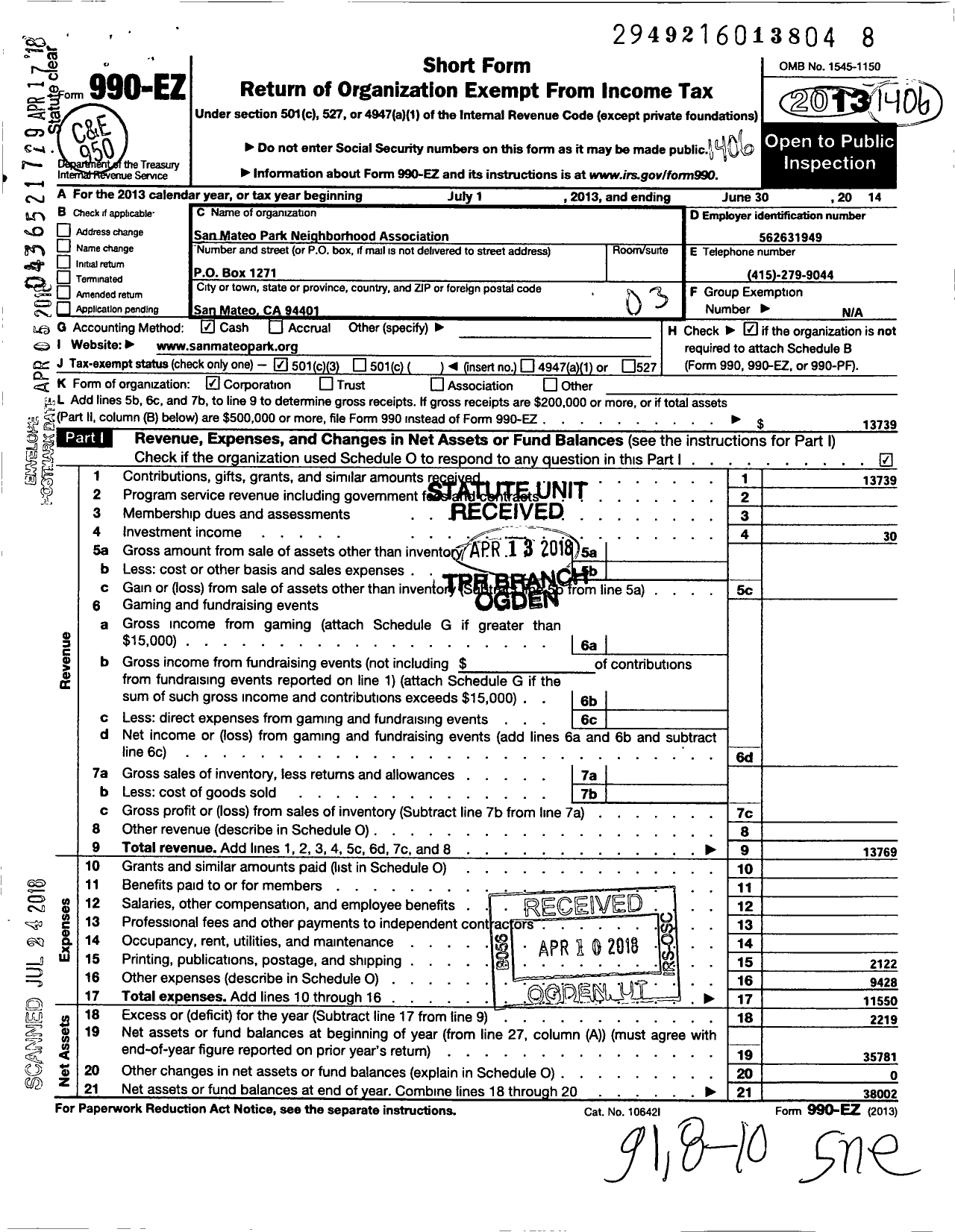 Image of first page of 2013 Form 990EZ for San Mateo Park Neighborhood Association