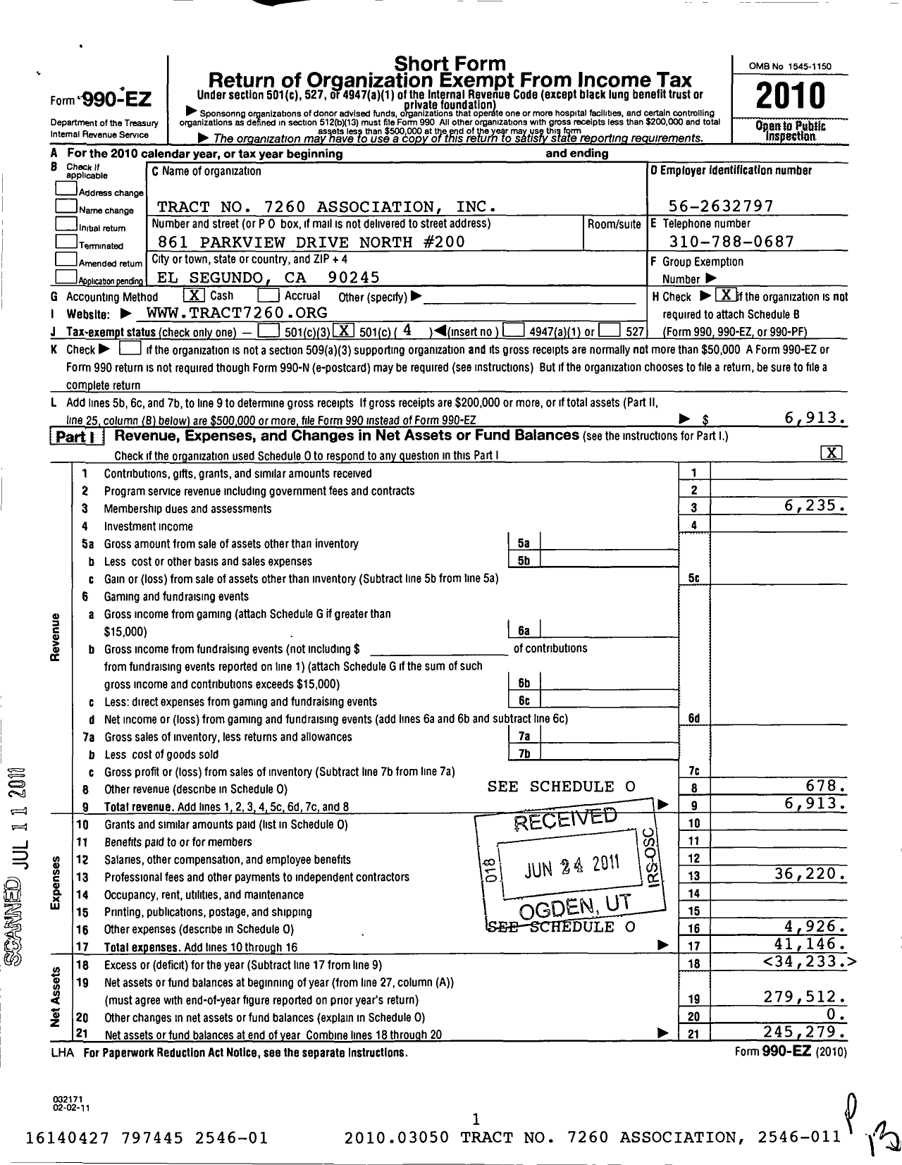 Image of first page of 2010 Form 990EO for Tract No 7260 Association