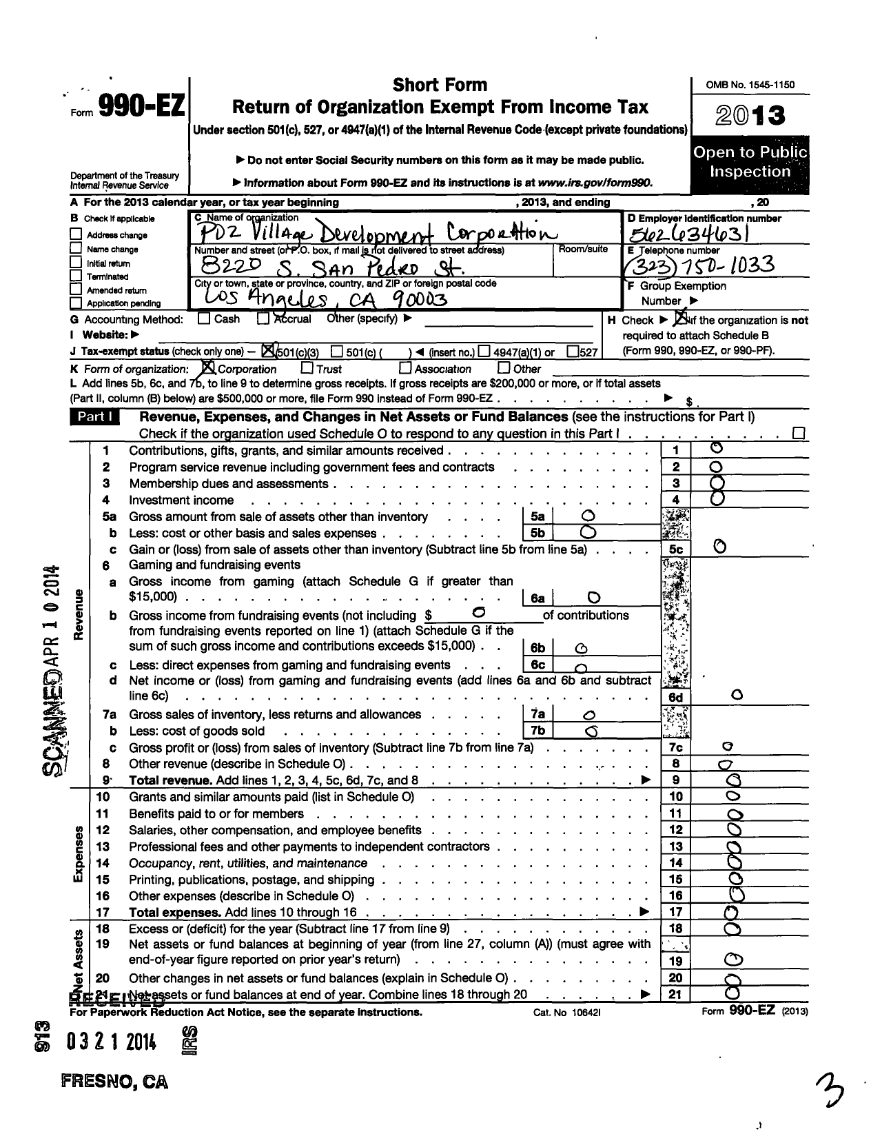 Image of first page of 2013 Form 990EZ for Poz Village Development Corporation