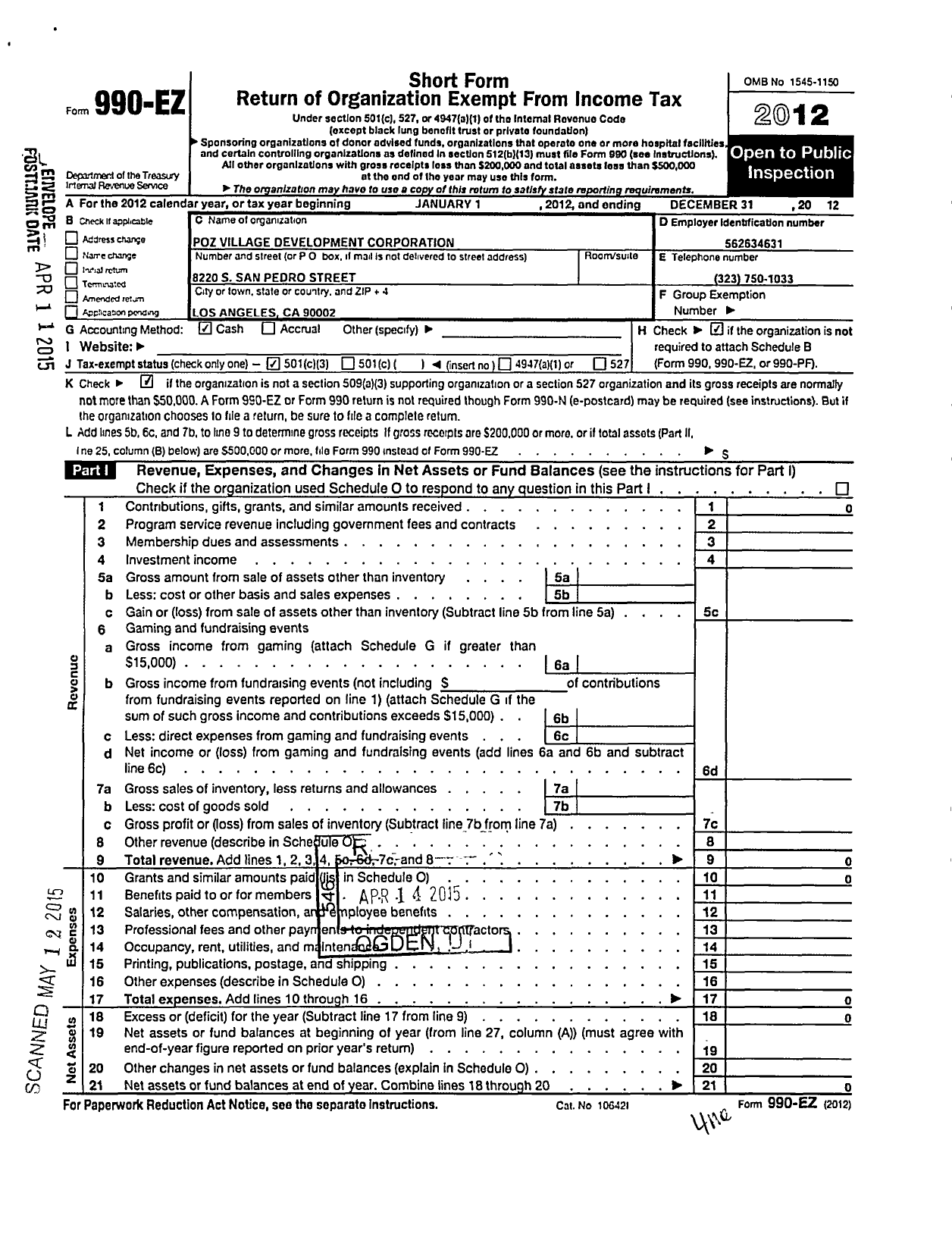 Image of first page of 2012 Form 990EZ for Poz Village Development Corporation