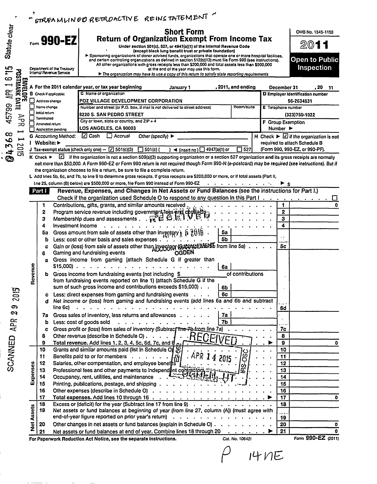 Image of first page of 2011 Form 990EZ for Poz Village Development Corporation