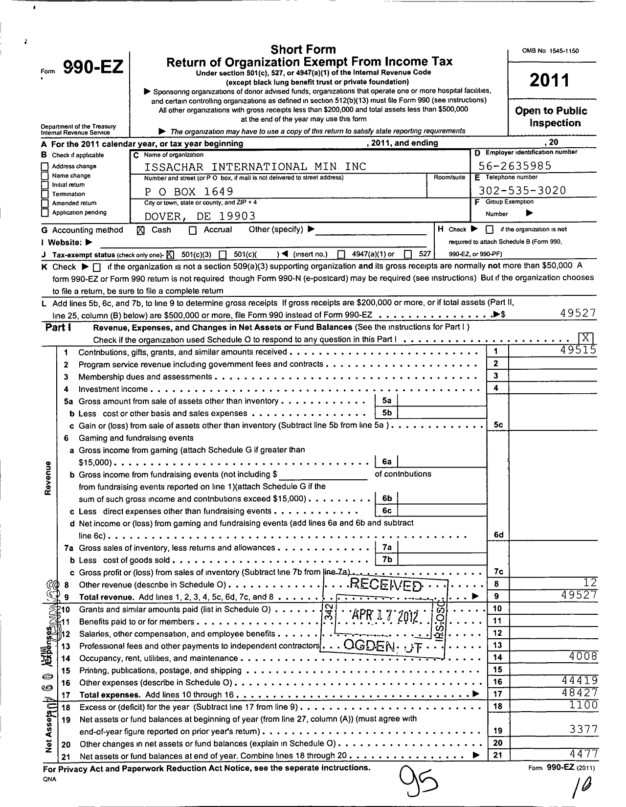 Image of first page of 2011 Form 990EZ for Issachar International Ministries