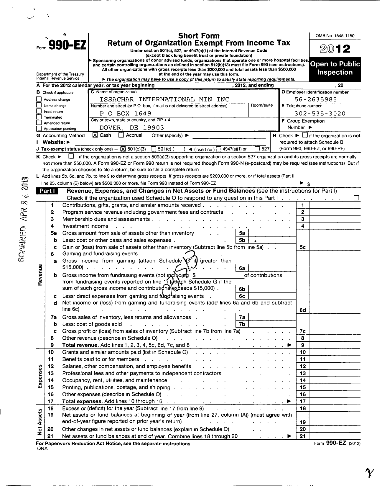 Image of first page of 2012 Form 990EZ for Issachar International Ministries