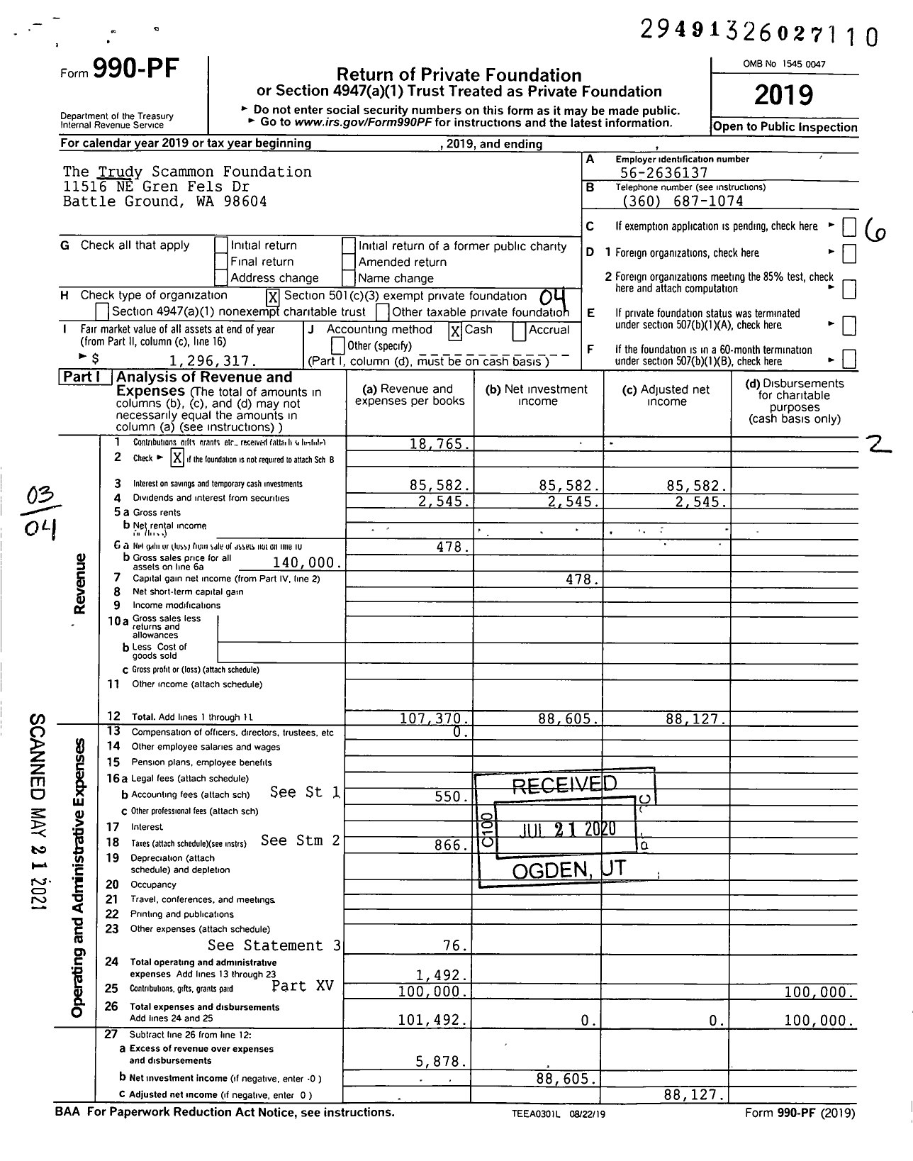 Image of first page of 2019 Form 990PF for The Trudy Scammon Foundation