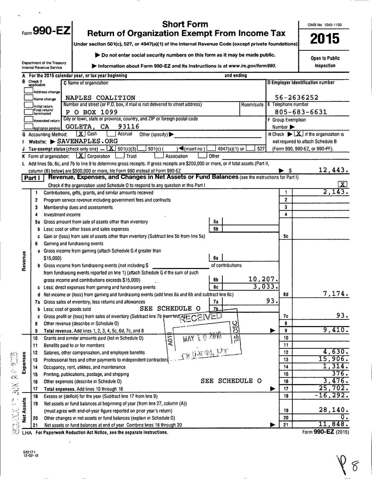 Image of first page of 2015 Form 990EZ for Naples Coalition