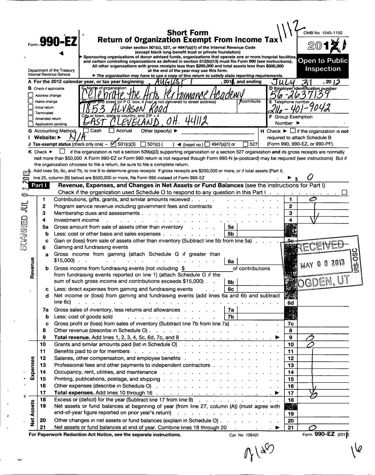 Image of first page of 2011 Form 990EZ for Celebrate the Arts Performance Academy