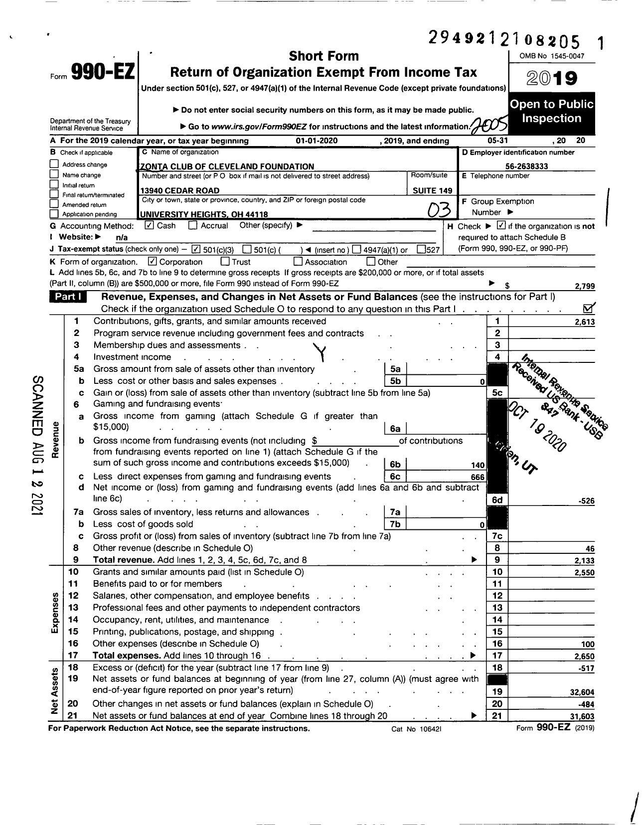 Image of first page of 2019 Form 990EZ for Zonta Club of Cleveland Foundation