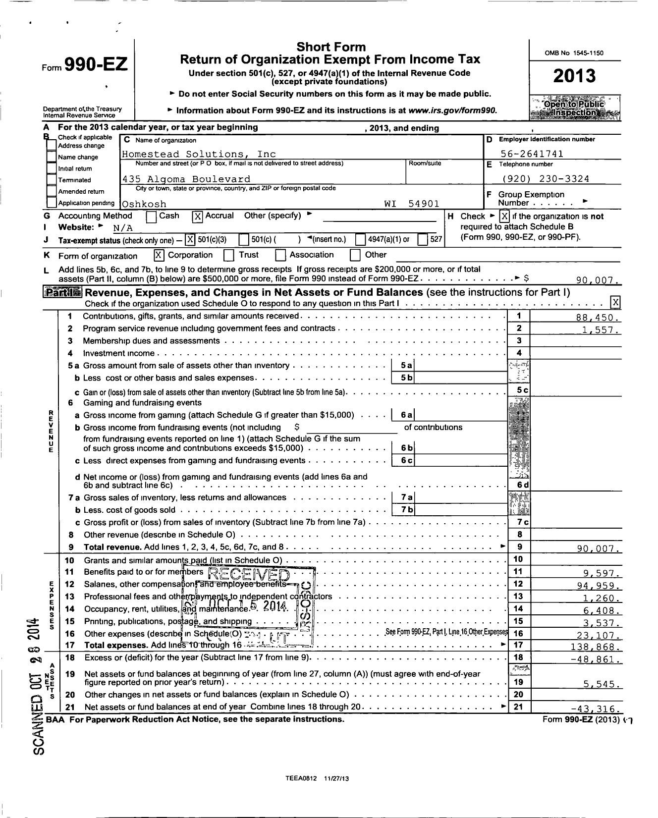 Image of first page of 2013 Form 990EZ for Homestead Solutions