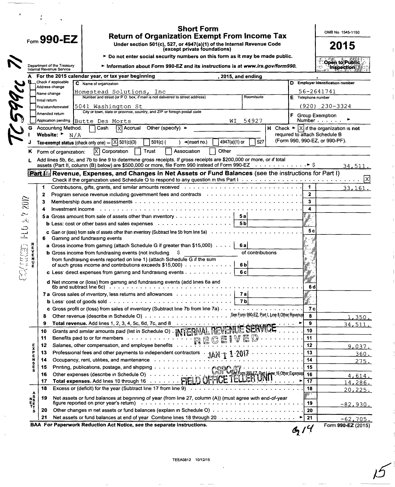 Image of first page of 2015 Form 990EZ for Homestead Solutions