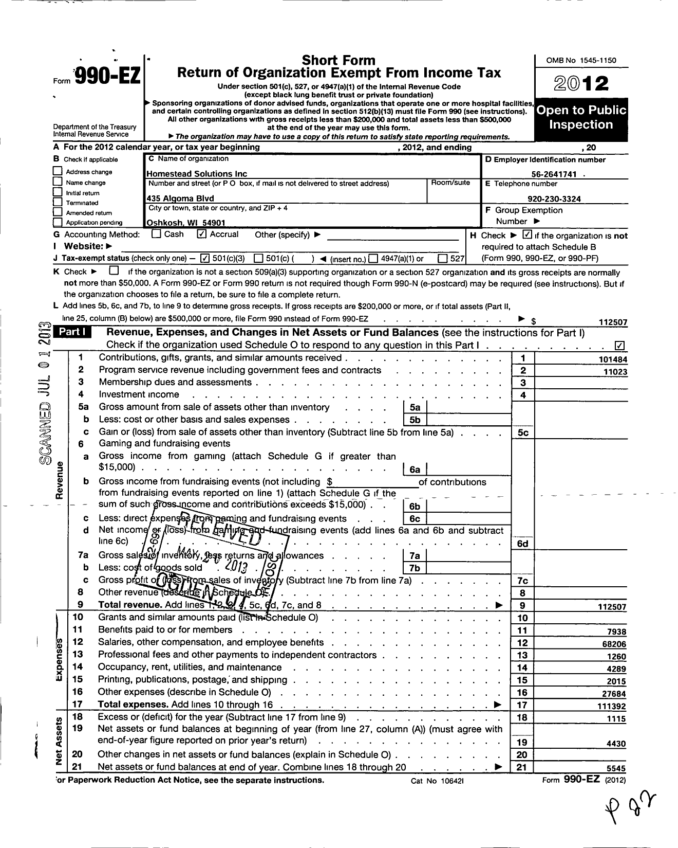 Image of first page of 2012 Form 990EZ for Homestead Solutions