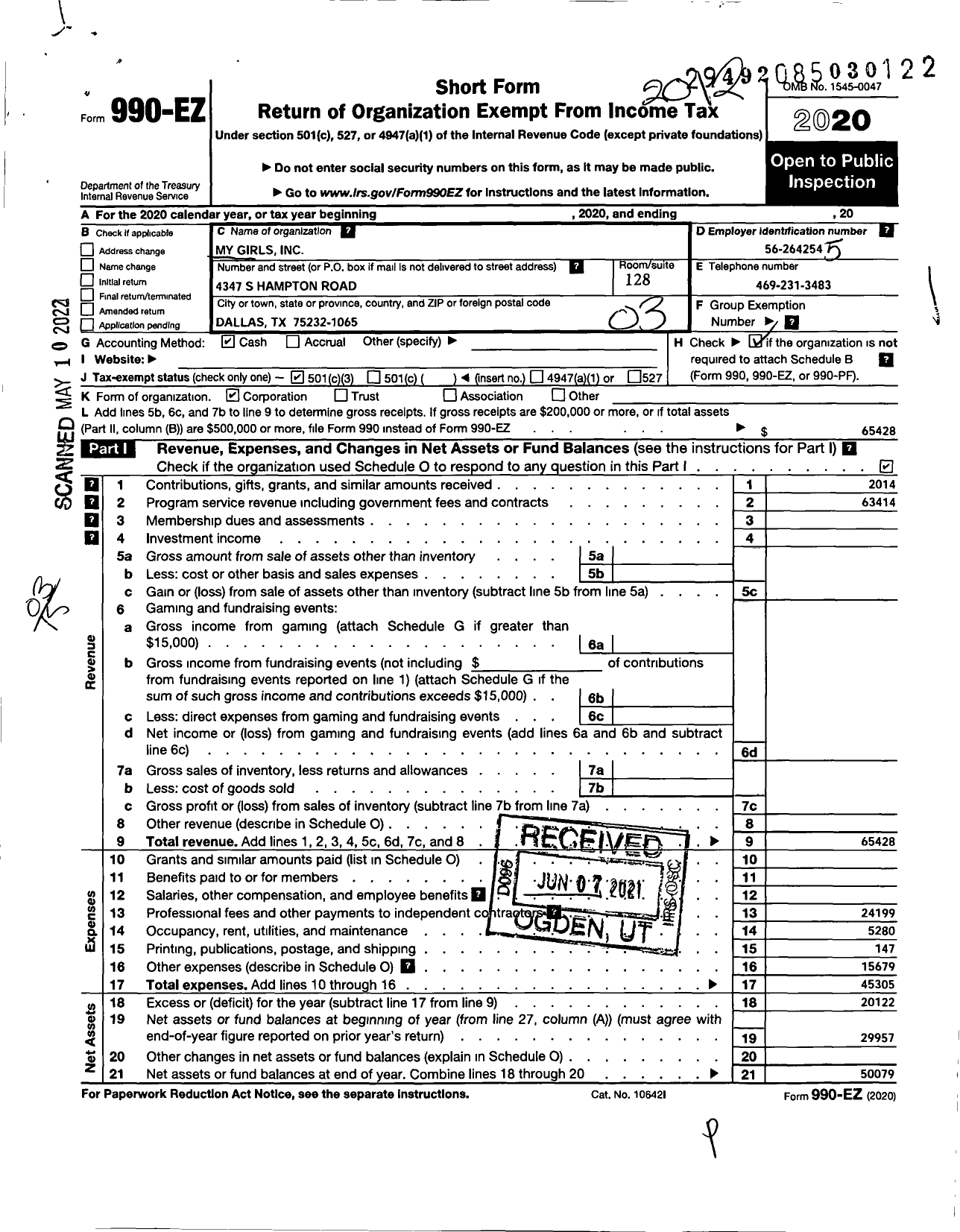 Image of first page of 2020 Form 990EZ for My Girls