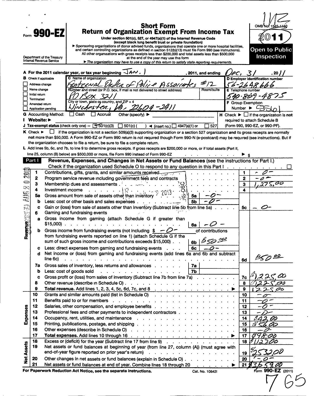 Image of first page of 2011 Form 990EZ for Fraternal Order of Police Associates - 12 Ole Fredericktowne Lodge