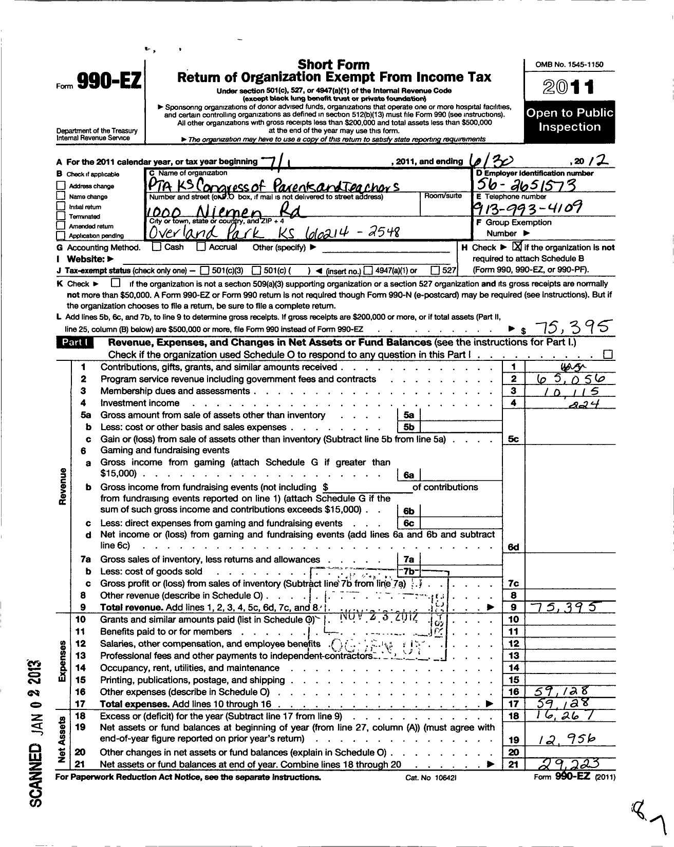 Image of first page of 2011 Form 990EO for PTA Kansas Congress of Parents and Teachers / Oak Park Carpenter PTA