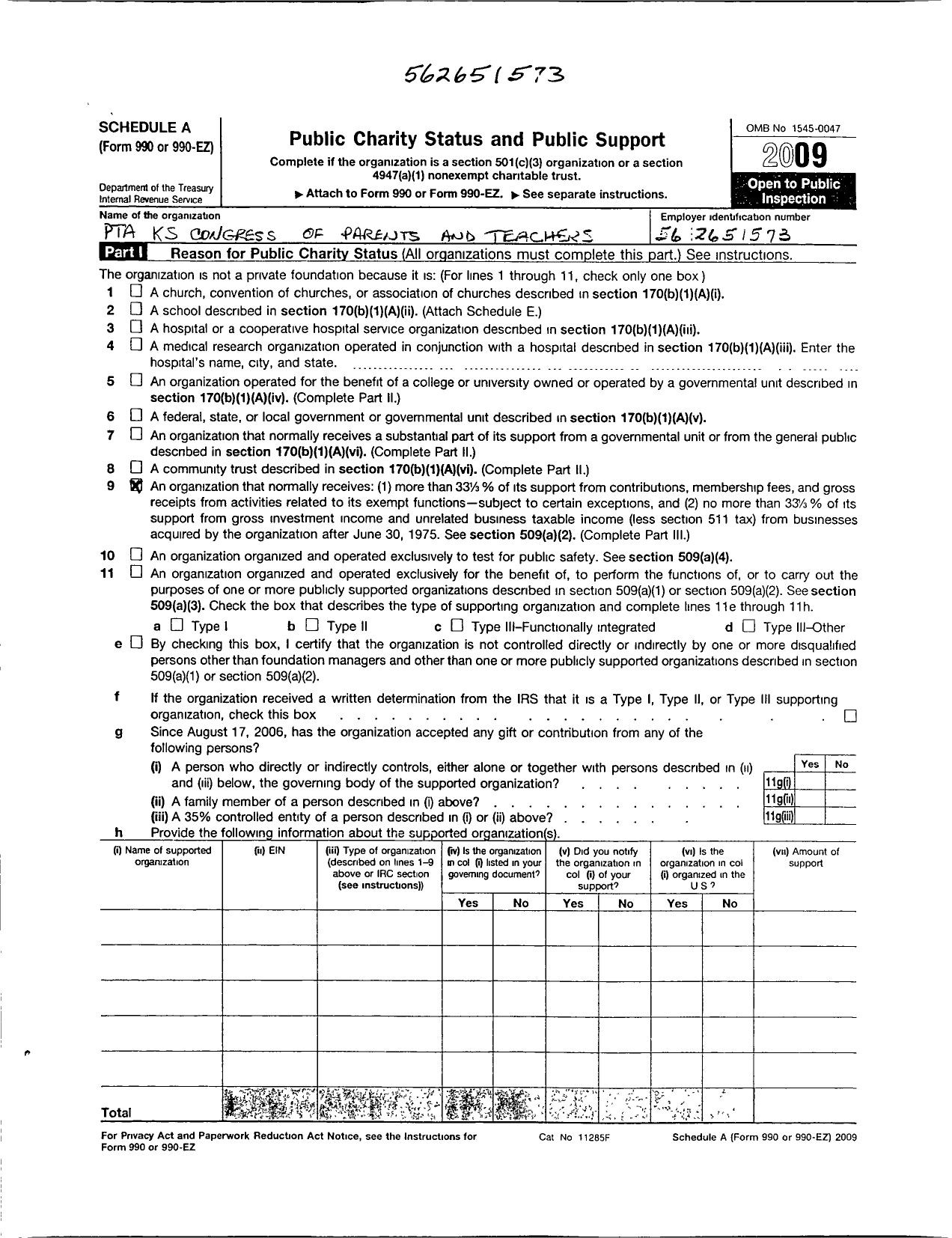 Image of first page of 2009 Form 990ER for PTA Kansas Congress of Parents and Teachers / Oak Park Carpenter PTA