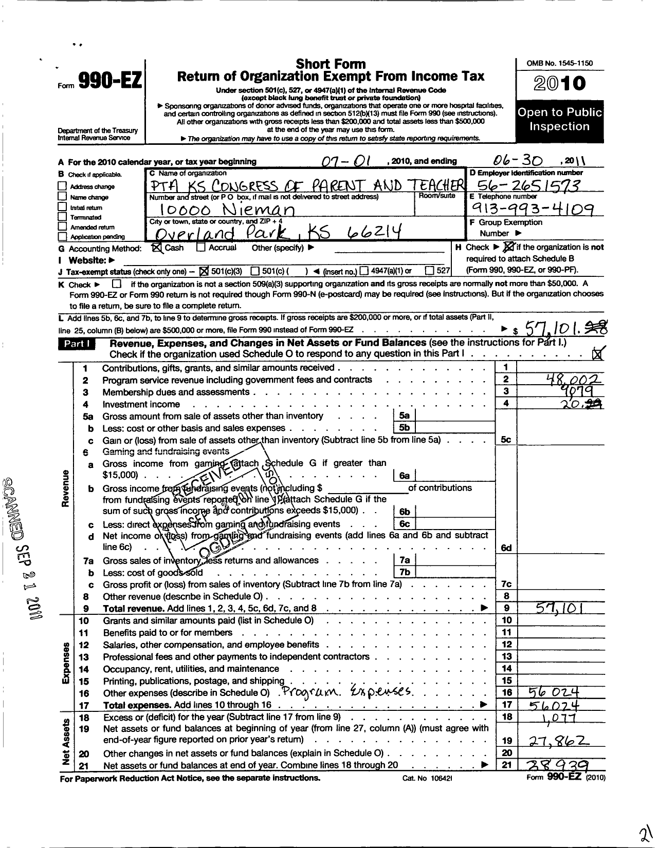 Image of first page of 2010 Form 990EZ for PTA Kansas Congress of Parents and Teachers / Oak Park Carpenter PTA