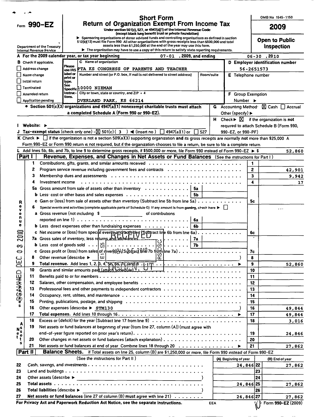 Image of first page of 2009 Form 990EZ for PTA Kansas Congress of Parents and Teachers / Oak Park Carpenter PTA