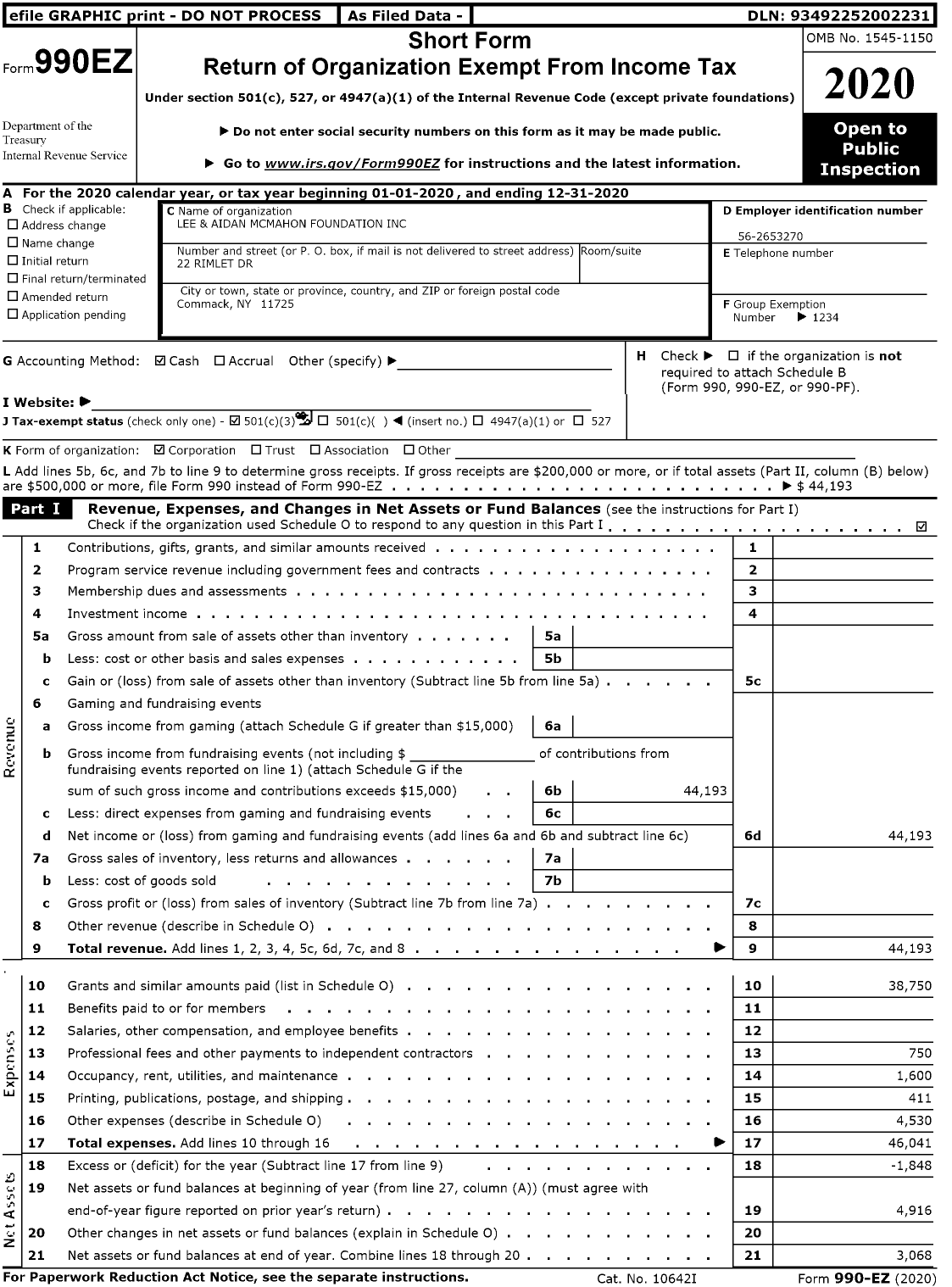 Image of first page of 2020 Form 990EZ for Lee and Aidan Mcmahon Foundation