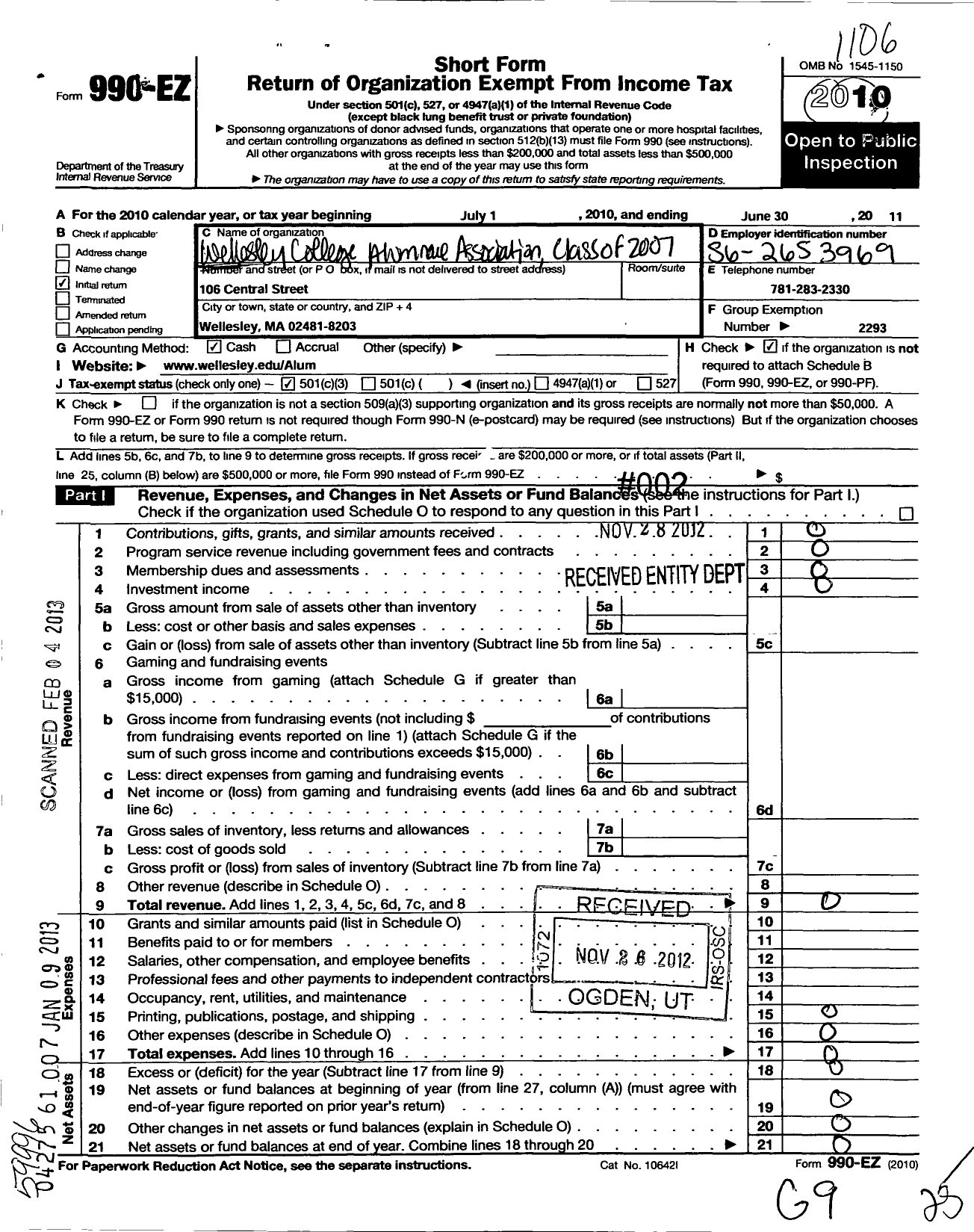 Image of first page of 2010 Form 990EZ for Wellesley College Alumnae Association - Class 2007