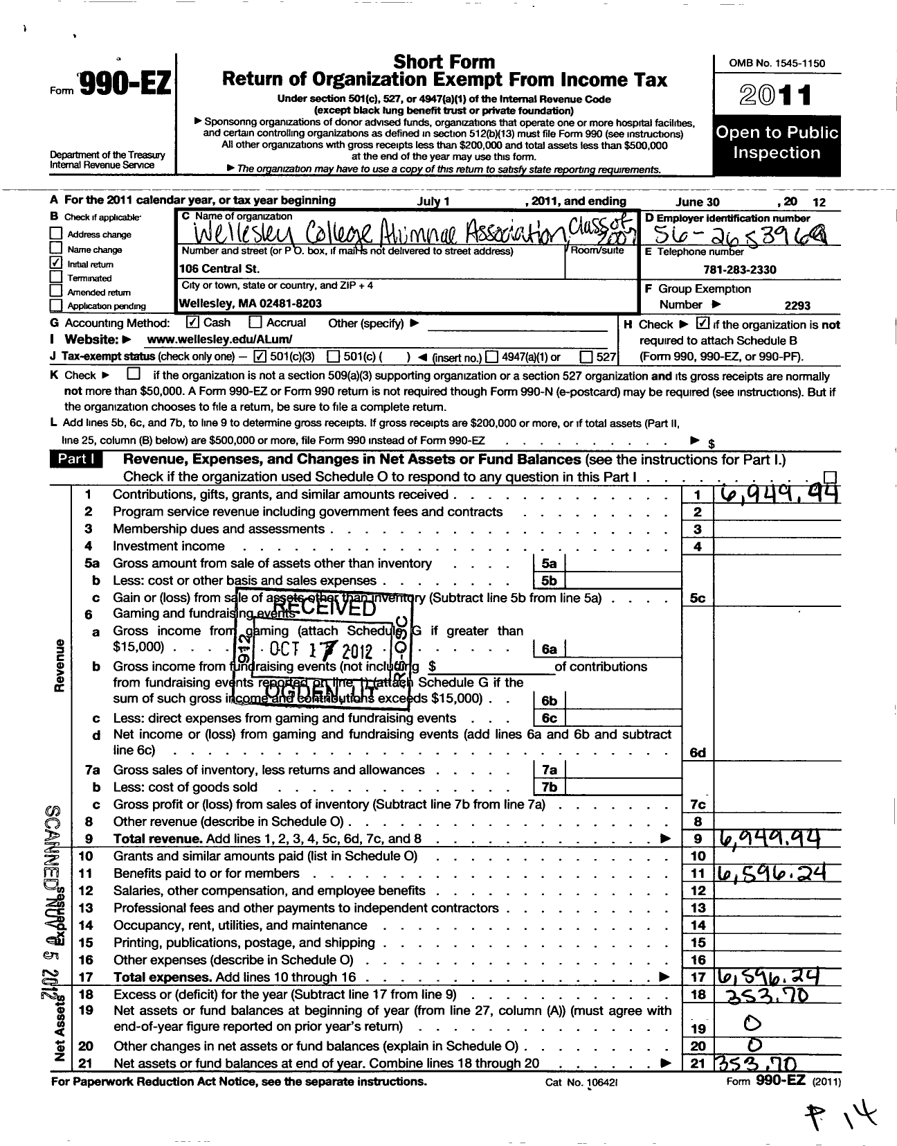 Image of first page of 2011 Form 990EZ for Wellesley College Alumnae Association - Class 2007