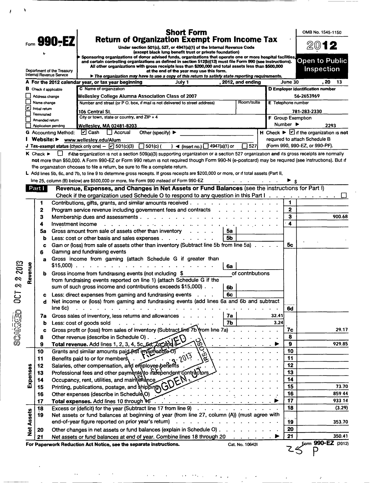 Image of first page of 2012 Form 990EZ for Wellesley College Alumnae Association - Class 2007