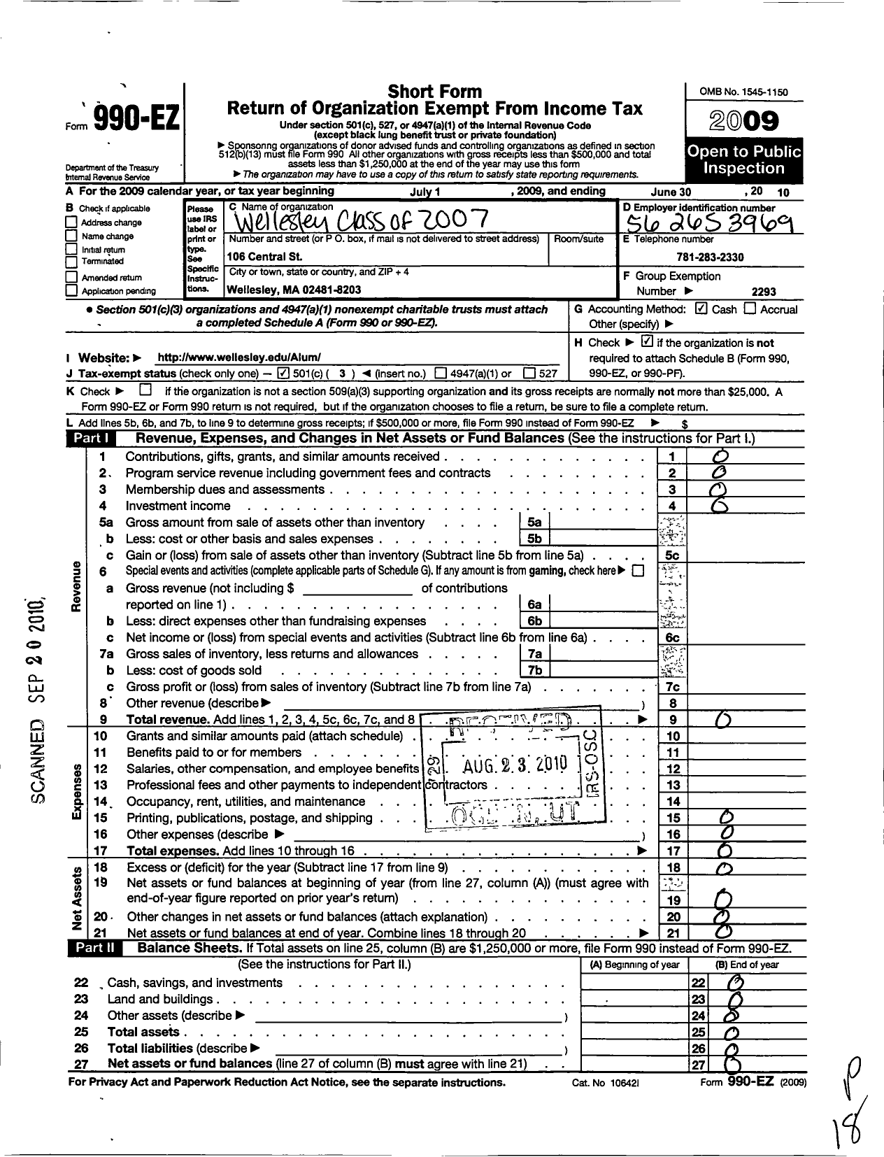 Image of first page of 2009 Form 990EZ for Wellesley College Alumnae Association - Class 2007