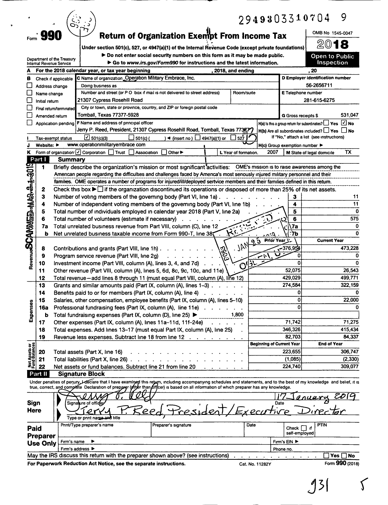 Image of first page of 2018 Form 990 for Operation Military Embrace