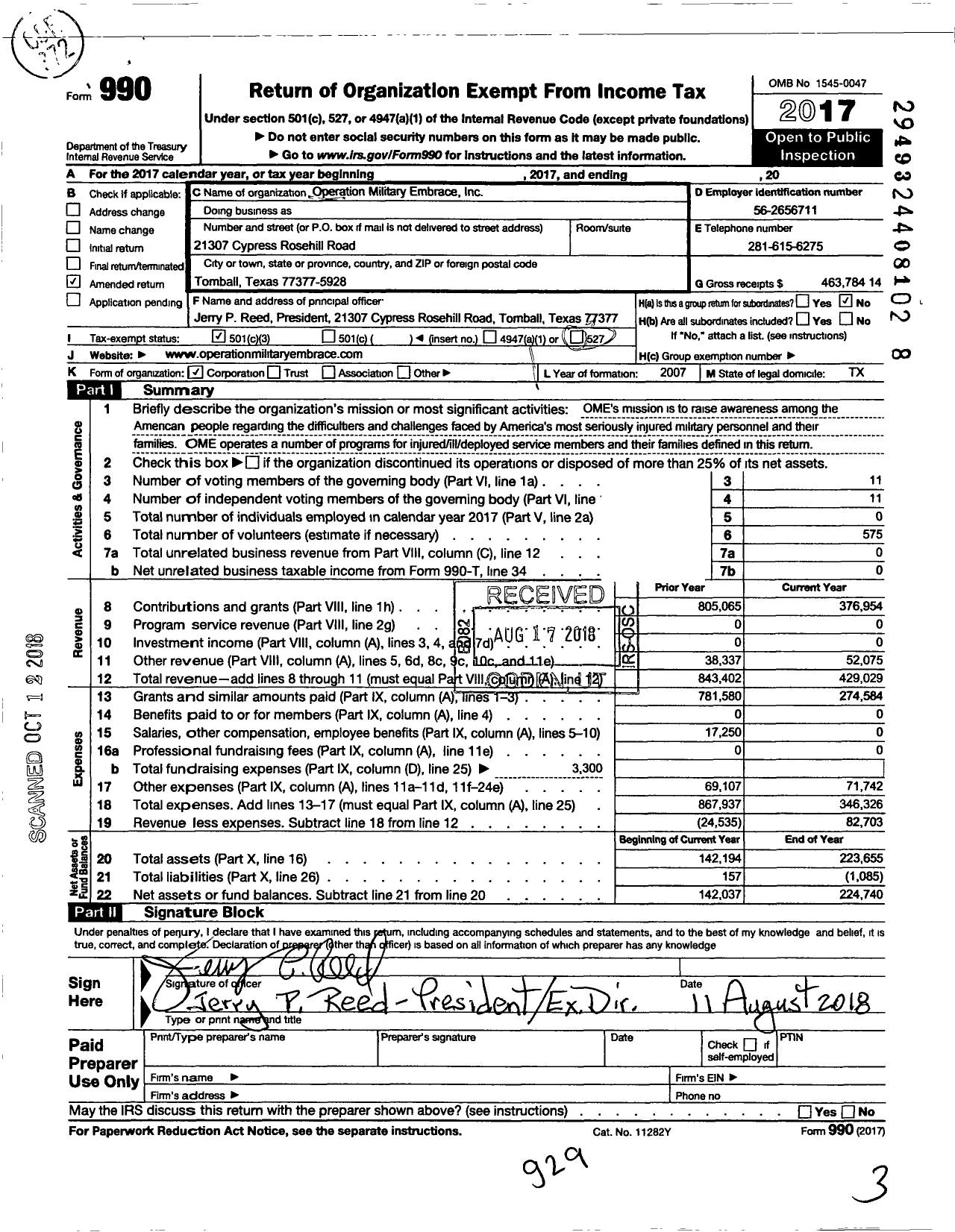 Image of first page of 2017 Form 990 for Operation Military Embrace