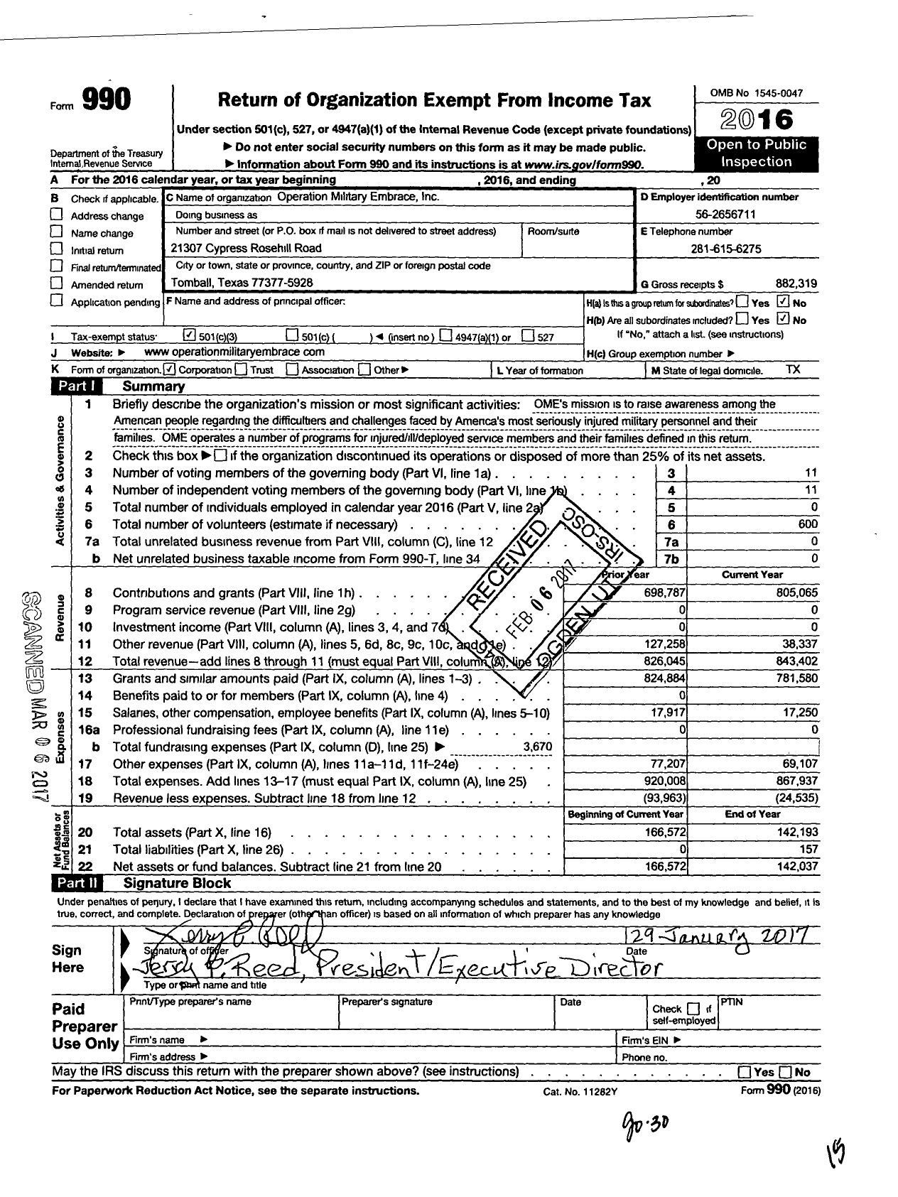 Image of first page of 2016 Form 990 for Operation Military Embrace