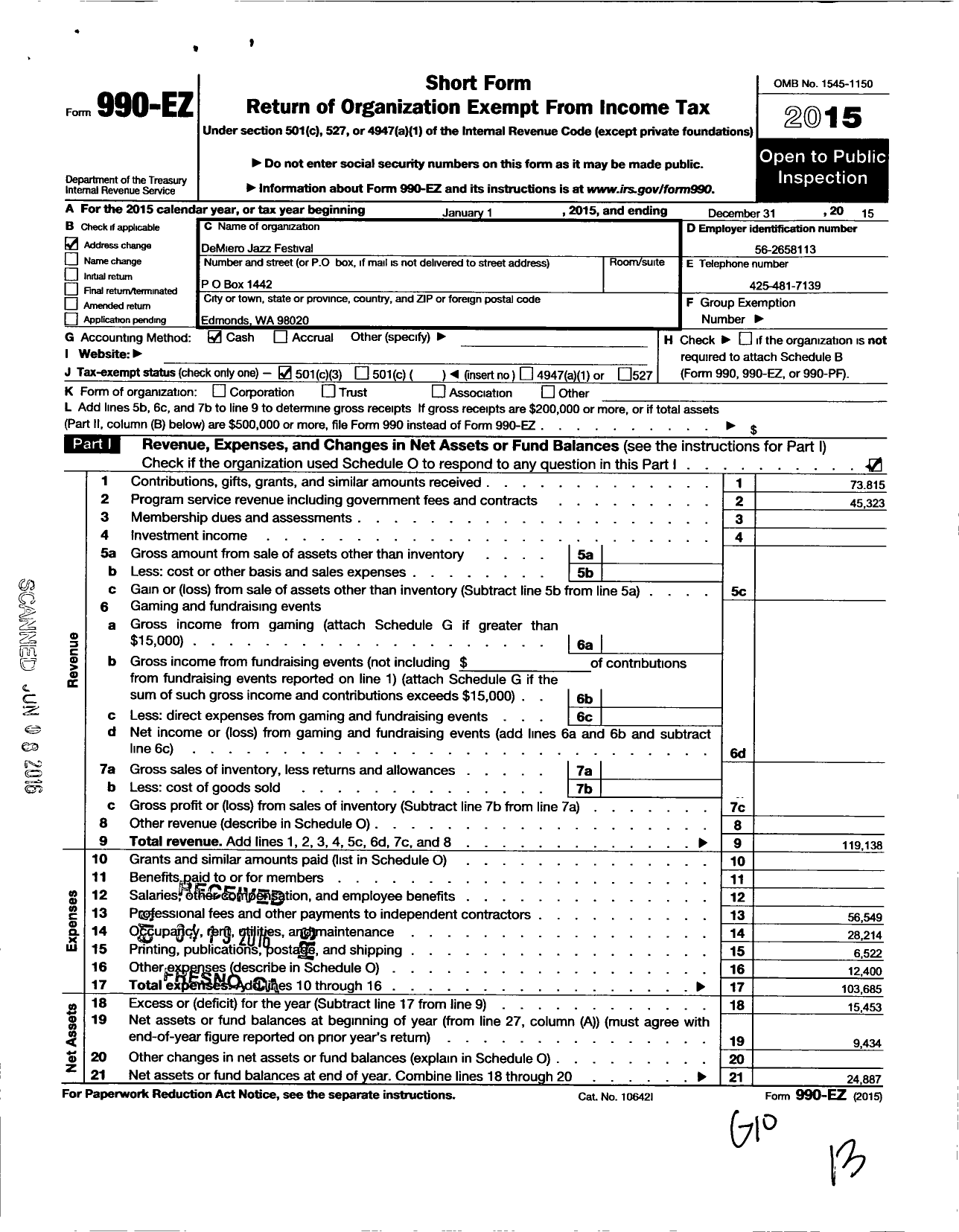 Image of first page of 2015 Form 990EZ for Demiero Jazz Festival