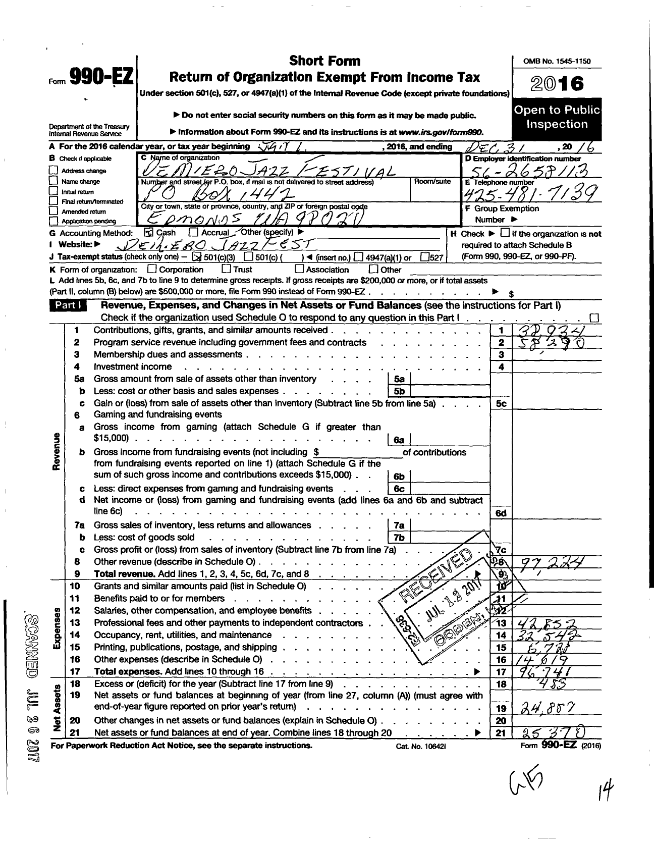 Image of first page of 2016 Form 990EZ for Demiero Jazz Festival