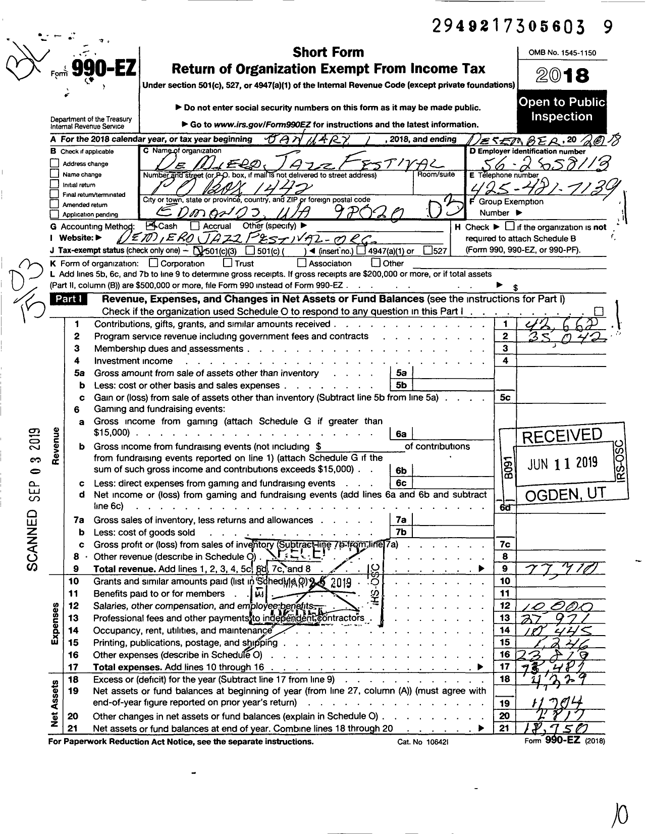 Image of first page of 2018 Form 990EZ for Demiero Jazz Festival