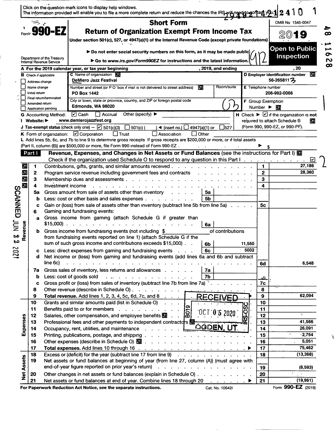 Image of first page of 2019 Form 990EZ for Demiero Jazz Festival