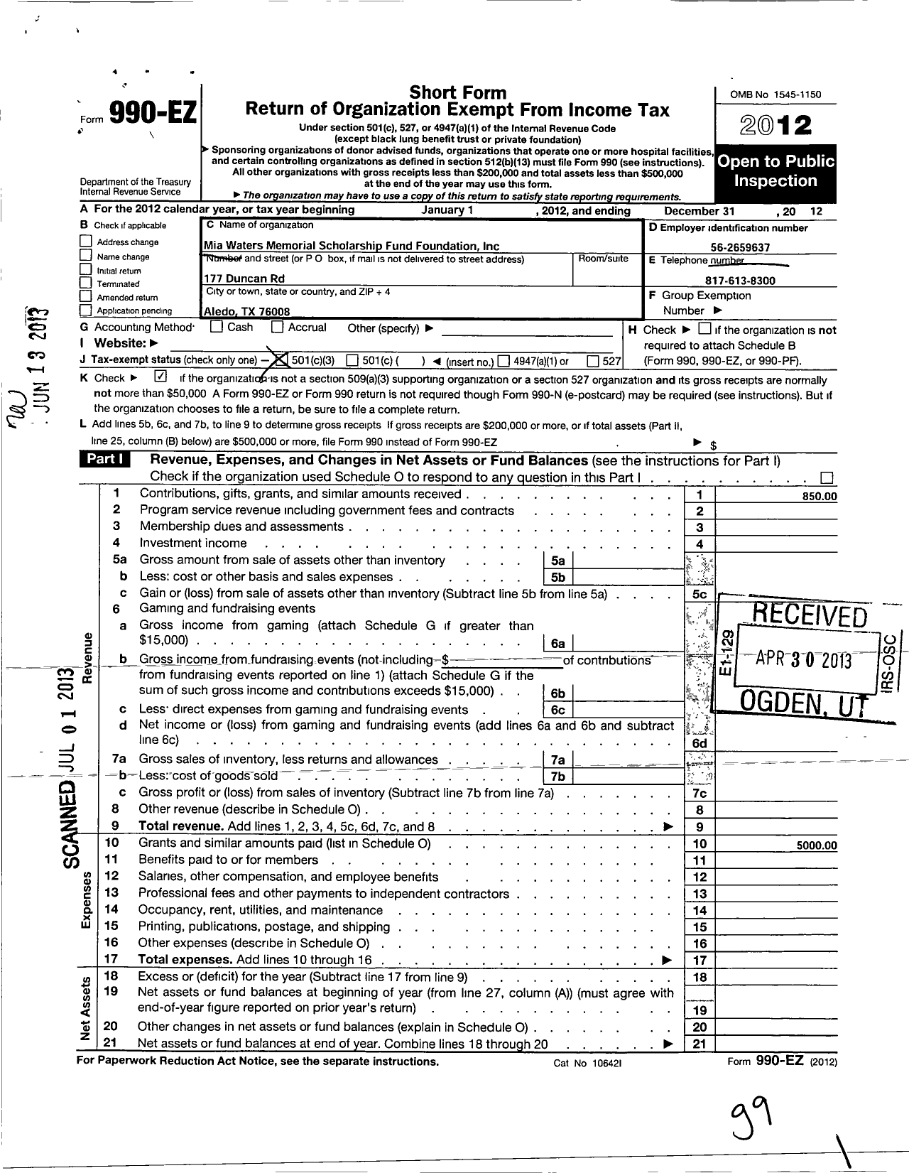 Image of first page of 2012 Form 990EZ for Mia Waters Memorial Scholarship Fund Foundation