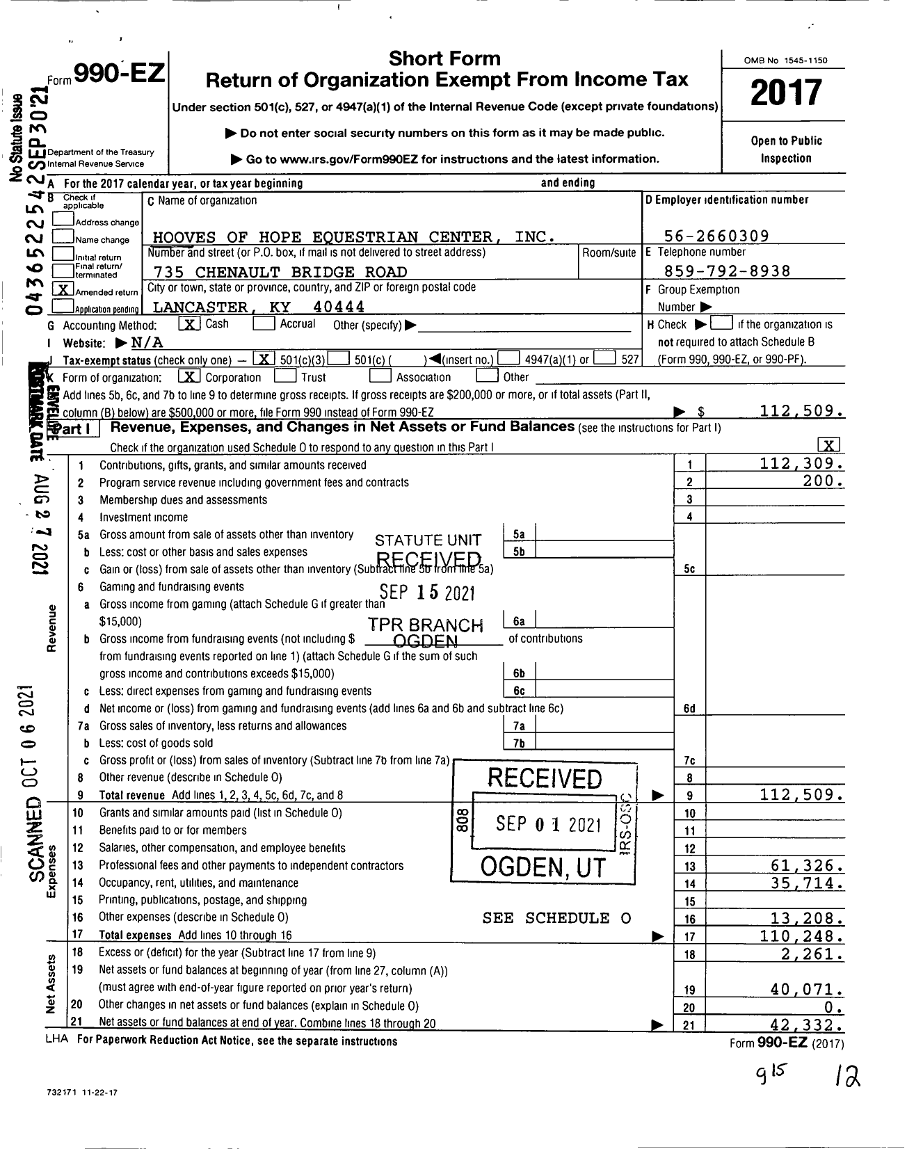 Image of first page of 2017 Form 990EA for Hooves of Hope Equestrian Center