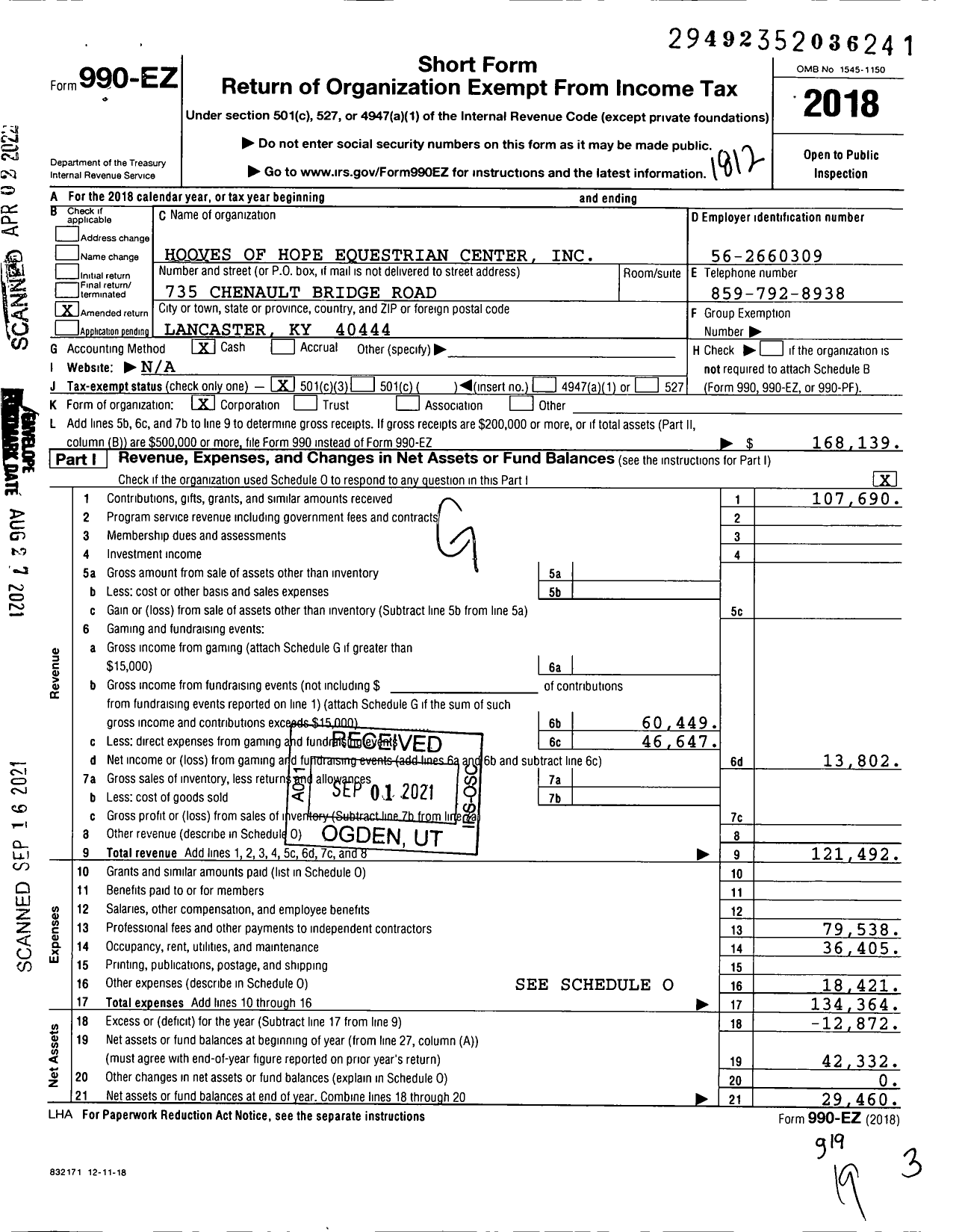 Image of first page of 2018 Form 990EZ for Hooves of Hope Equestrian Center