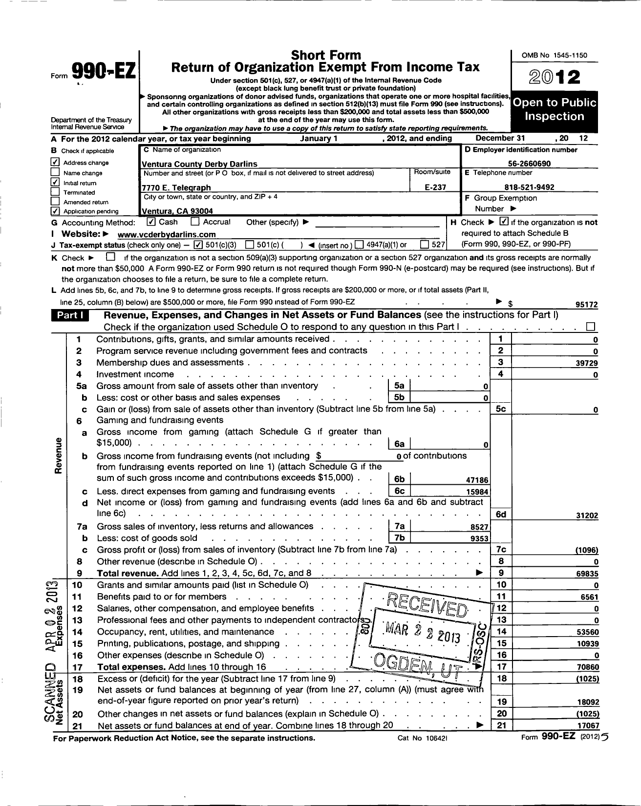 Image of first page of 2012 Form 990EZ for Ventura County Derby Darlins