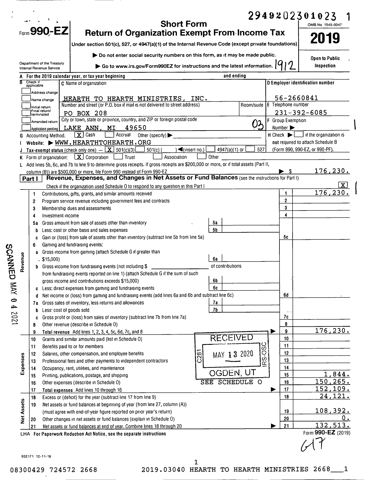 Image of first page of 2019 Form 990EZ for Hearth To Hearth Ministries