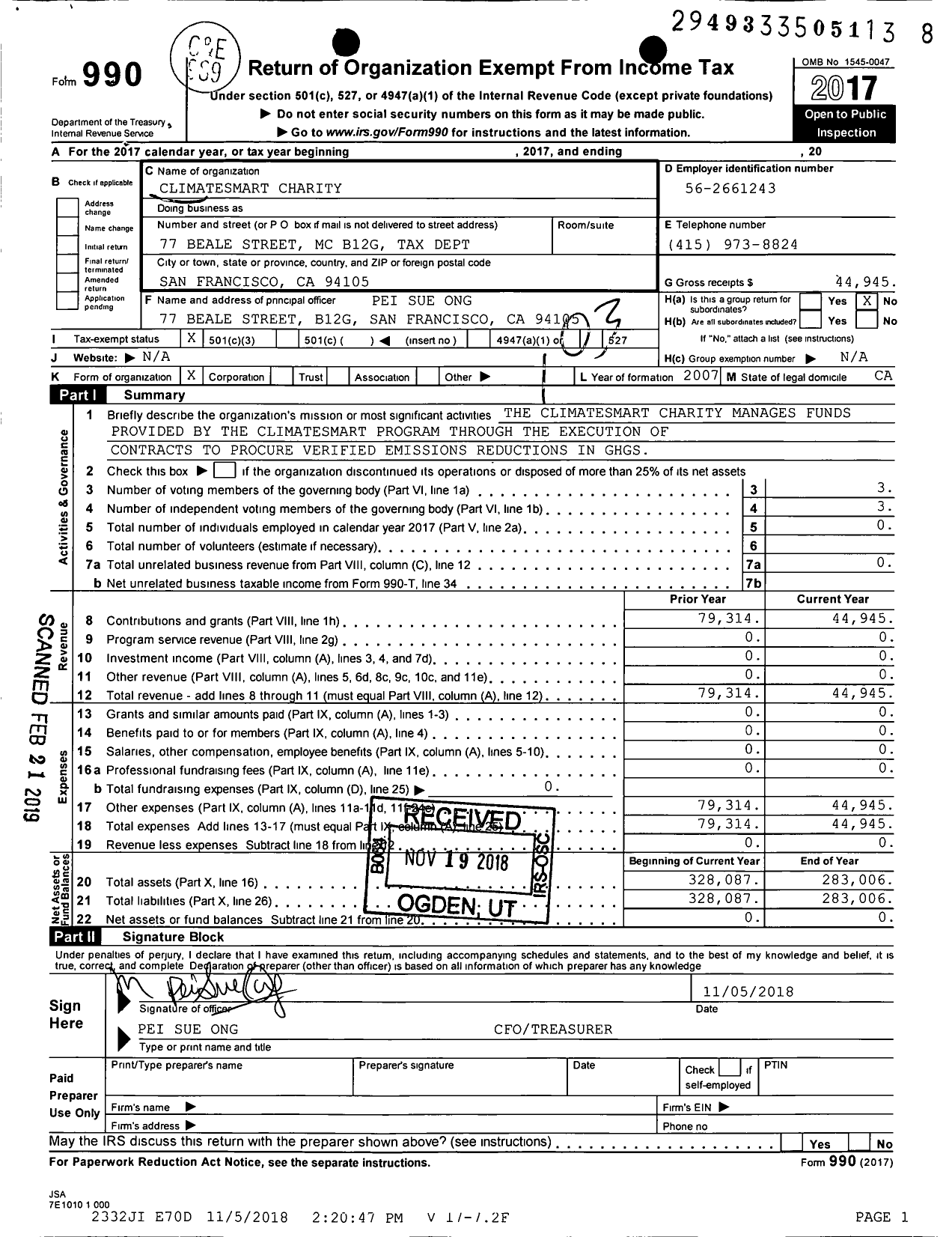 Image of first page of 2017 Form 990 for Climatesmart Charity