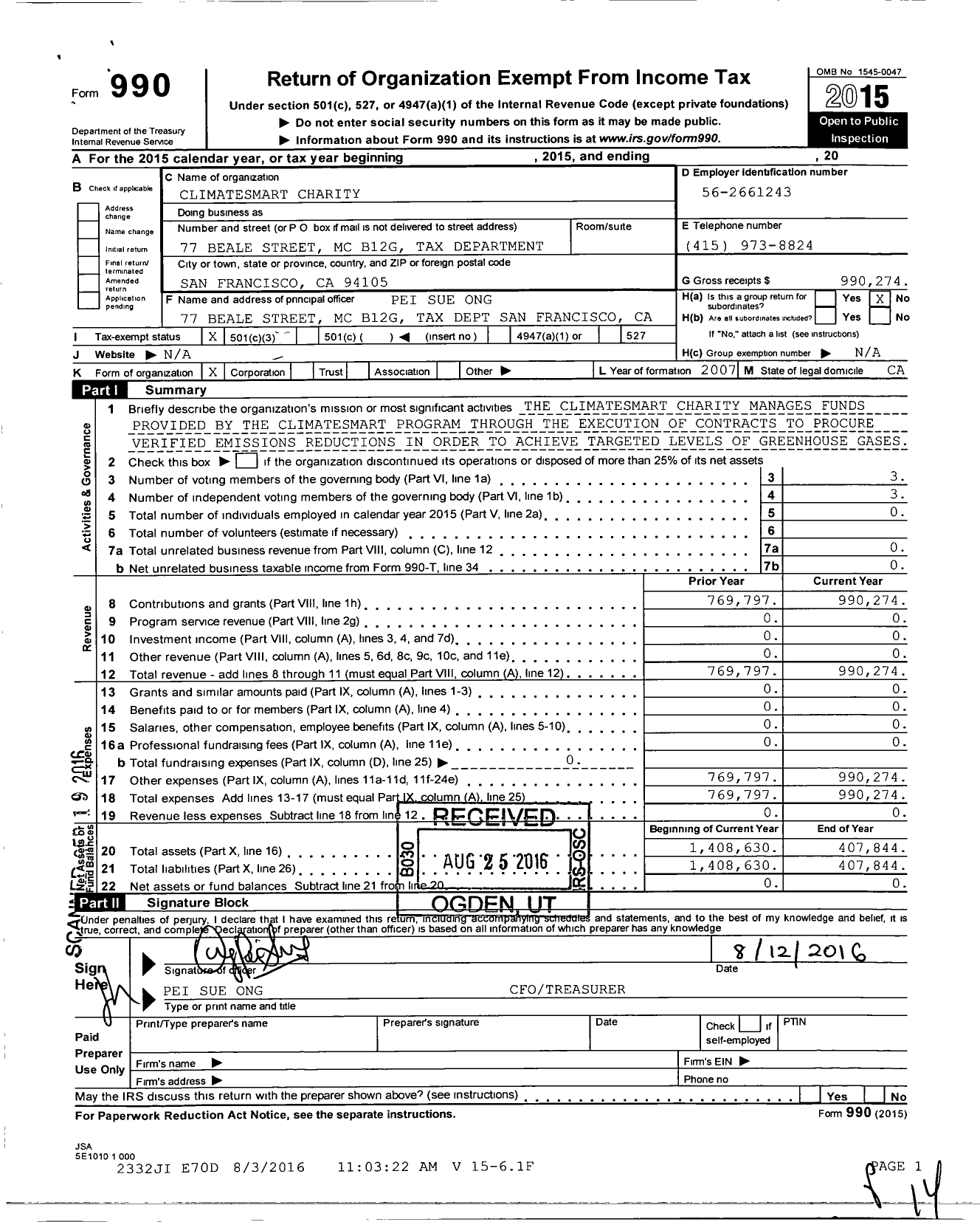 Image of first page of 2015 Form 990 for Climatesmart Charity