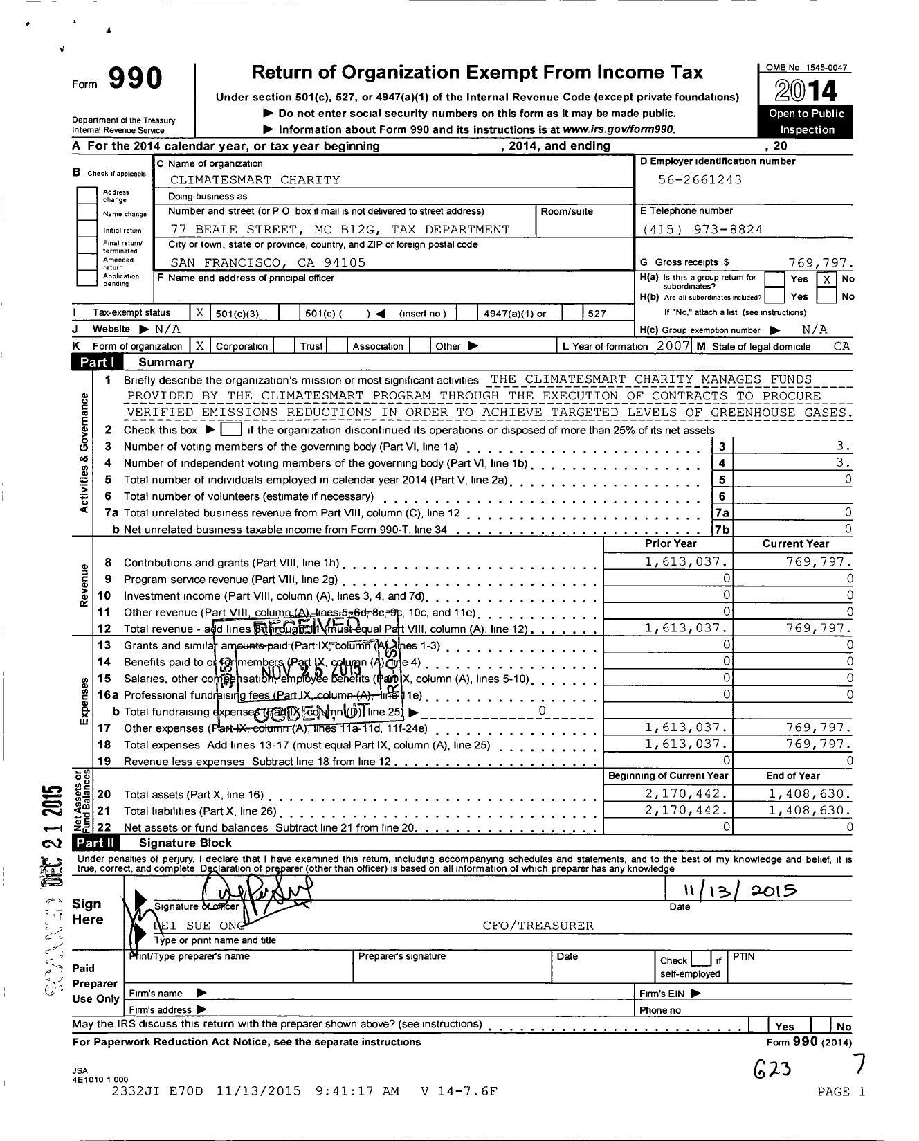 Image of first page of 2014 Form 990 for Climatesmart Charity