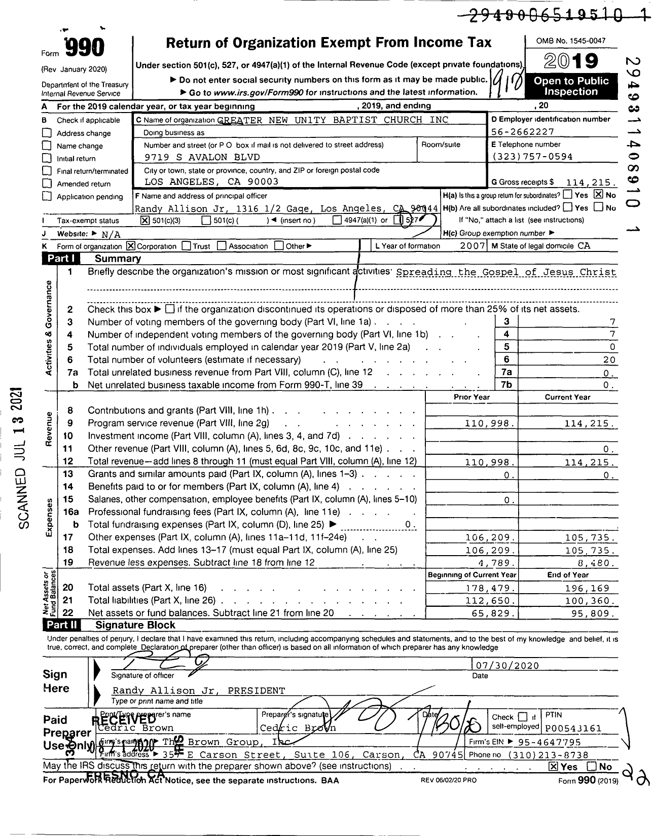 Image of first page of 2019 Form 990 for Greater New Unity Baptist Church