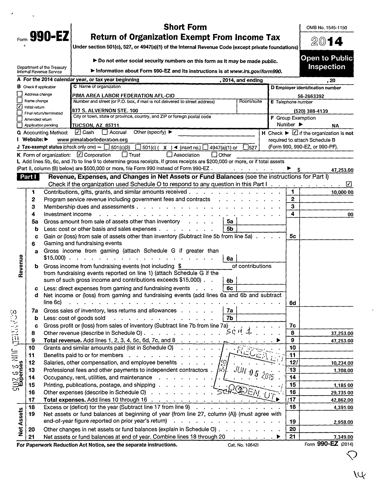 Image of first page of 2014 Form 990EO for AFL-CIO - Pima Area Labor Federation