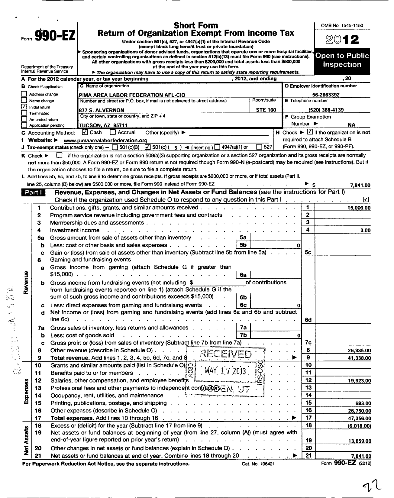 Image of first page of 2012 Form 990EO for AFL-CIO - Pima Area Labor Federation