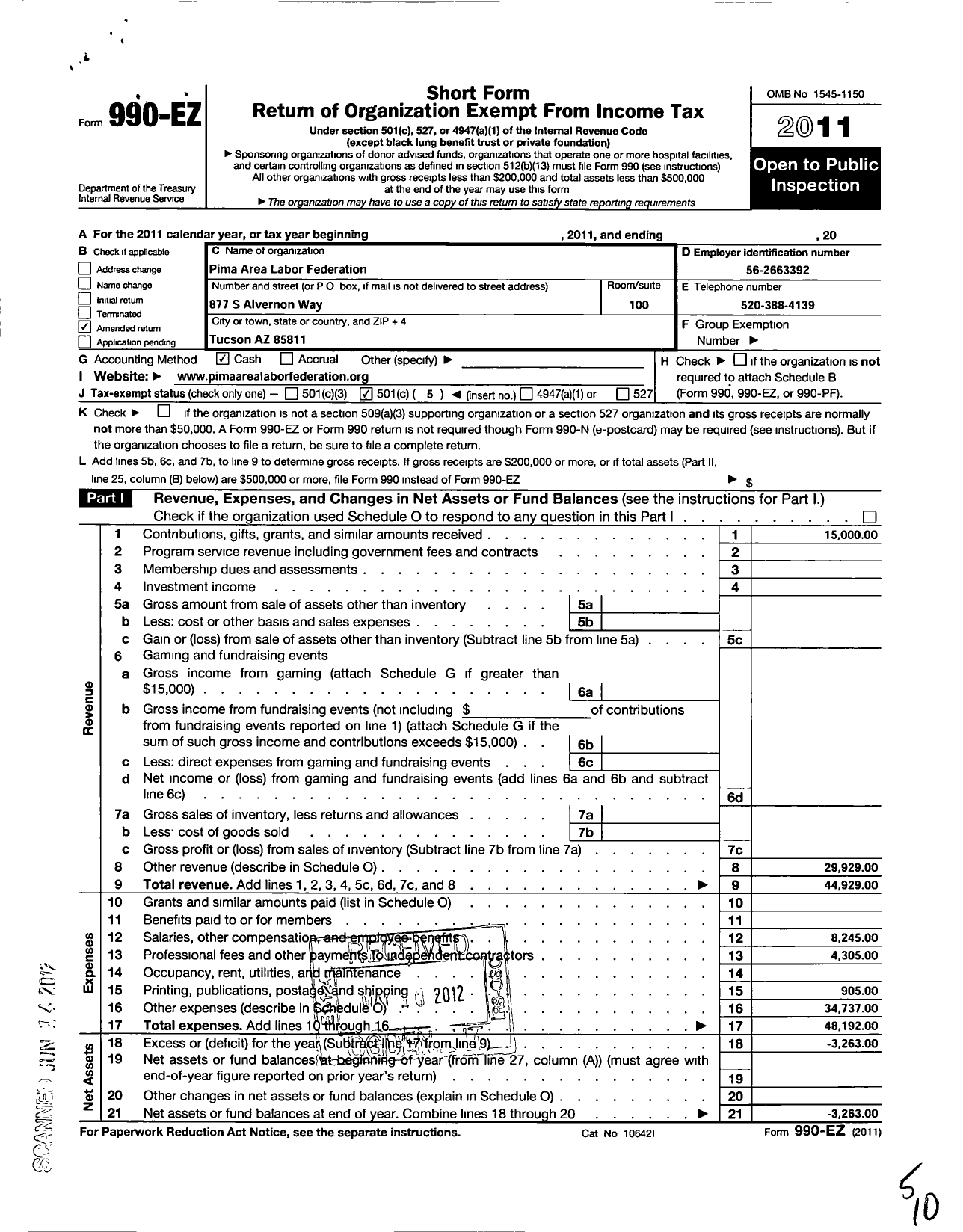 Image of first page of 2011 Form 990EO for AFL-CIO - Pima Area Labor Federation