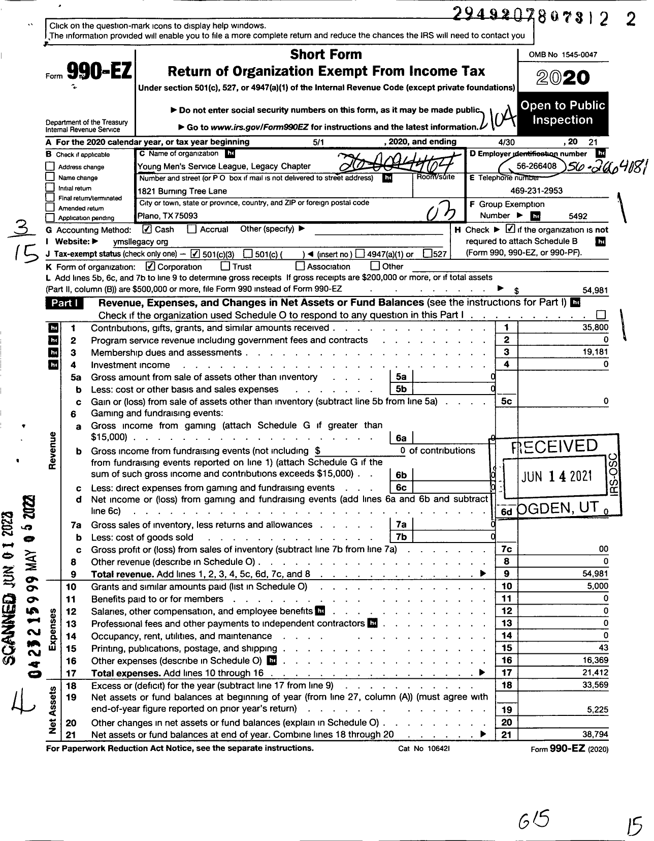 Image of first page of 2020 Form 990EZ for National Young Mens Service League / Legacy Chapter